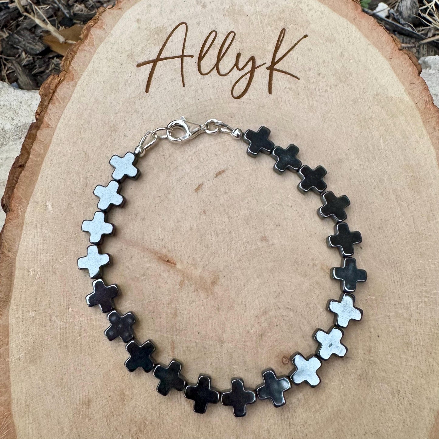 Hematite Cross Bracelet in Sterling Silver | Unisex Grounding Stackable Design