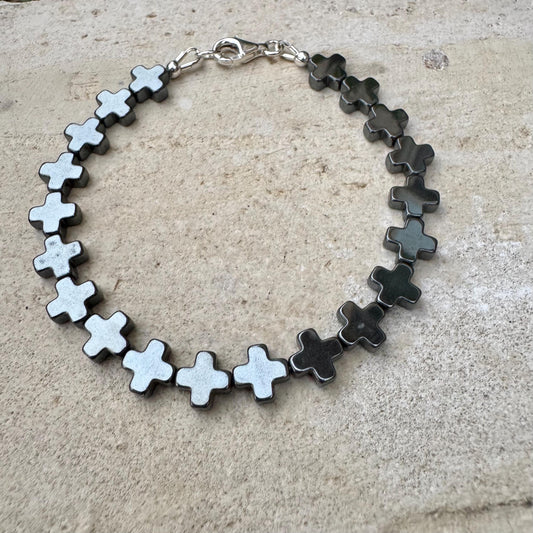 Hematite Cross Bracelet in Sterling Silver | Unisex Grounding Stackable Design