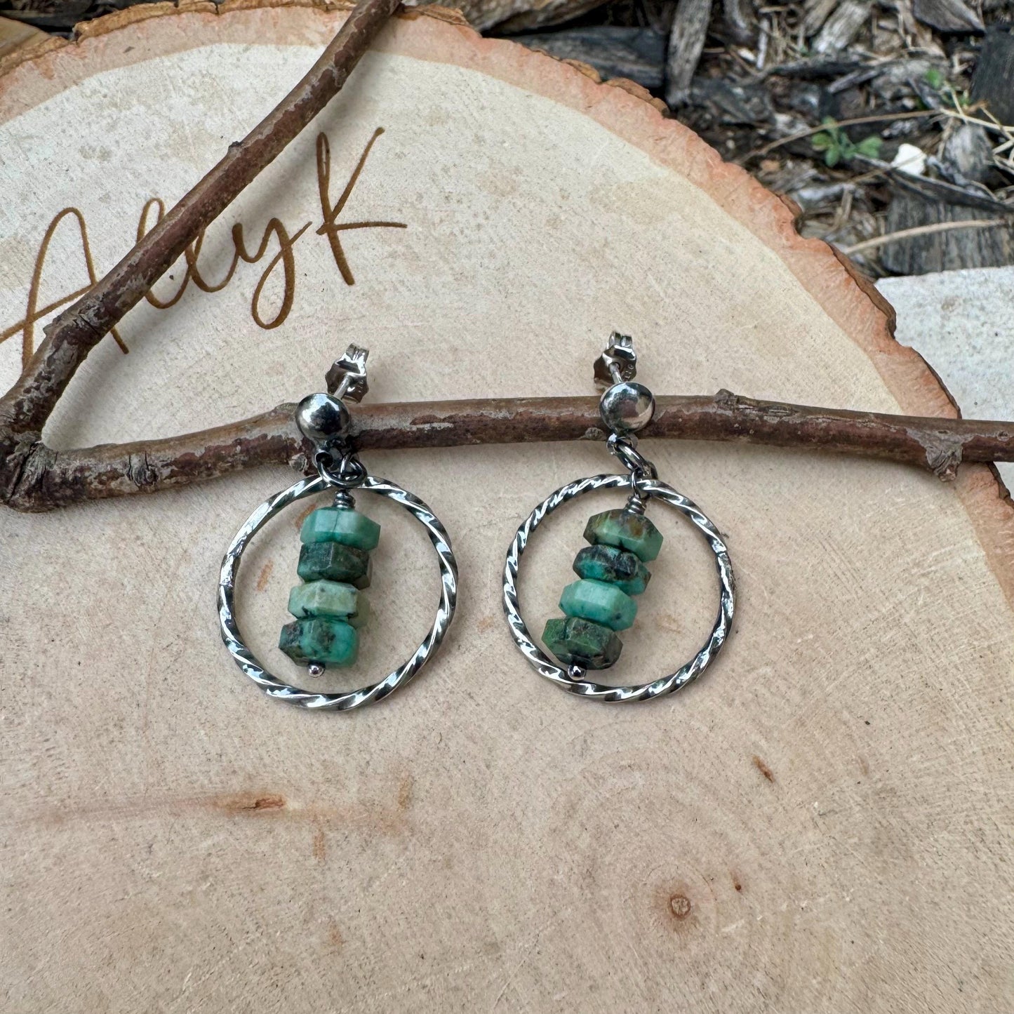 Sterling Silver African Turquoise Circle Post Drop Earrings, Natural Gemstone Jewelry