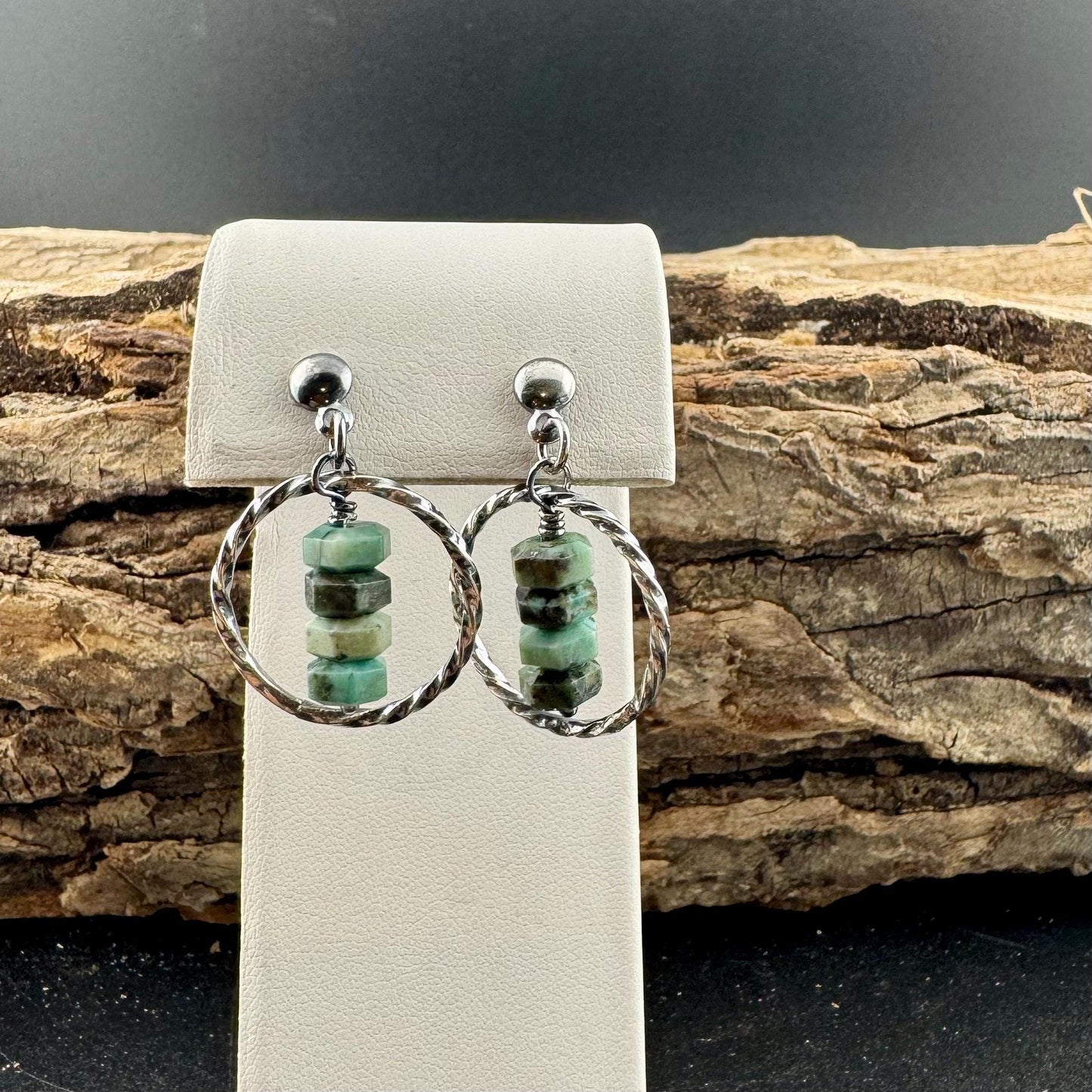Sterling Silver African Turquoise Circle Post Drop Earrings, Natural Gemstone Jewelry