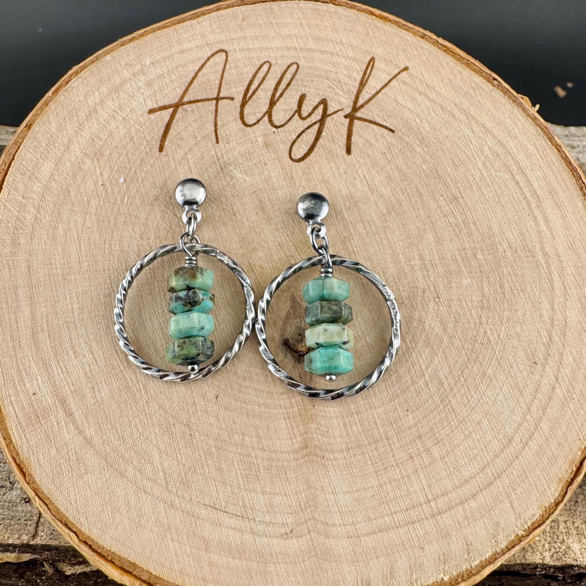 Sterling Silver African Turquoise Circle Post Drop Earrings, Natural Gemstone Jewelry