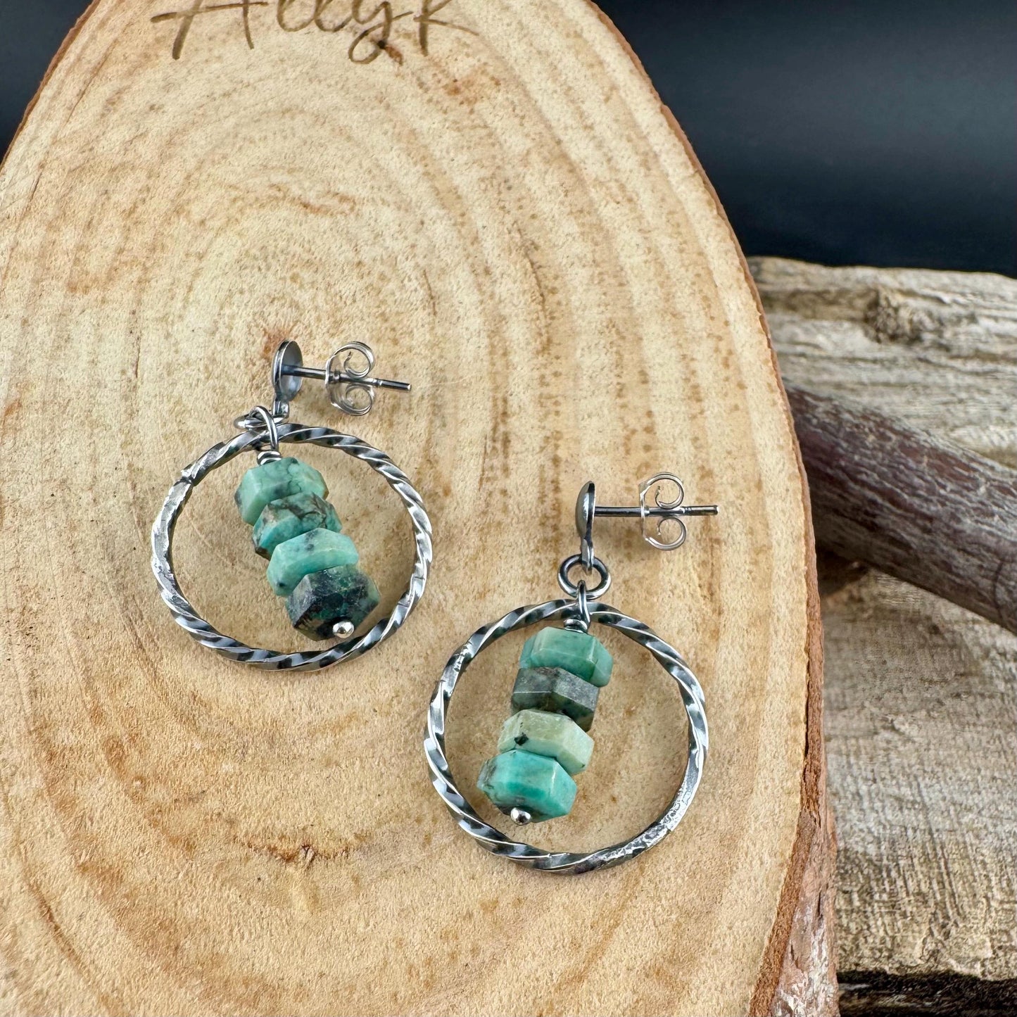 Sterling Silver African Turquoise Circle Post Drop Earrings, Natural Gemstone Jewelry