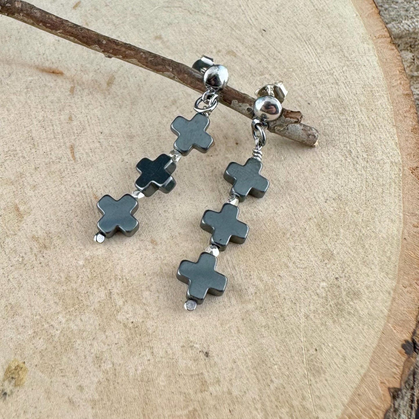 Elegant Three Cross Hematite Post Earrings | Sterling Silver Dome Studs