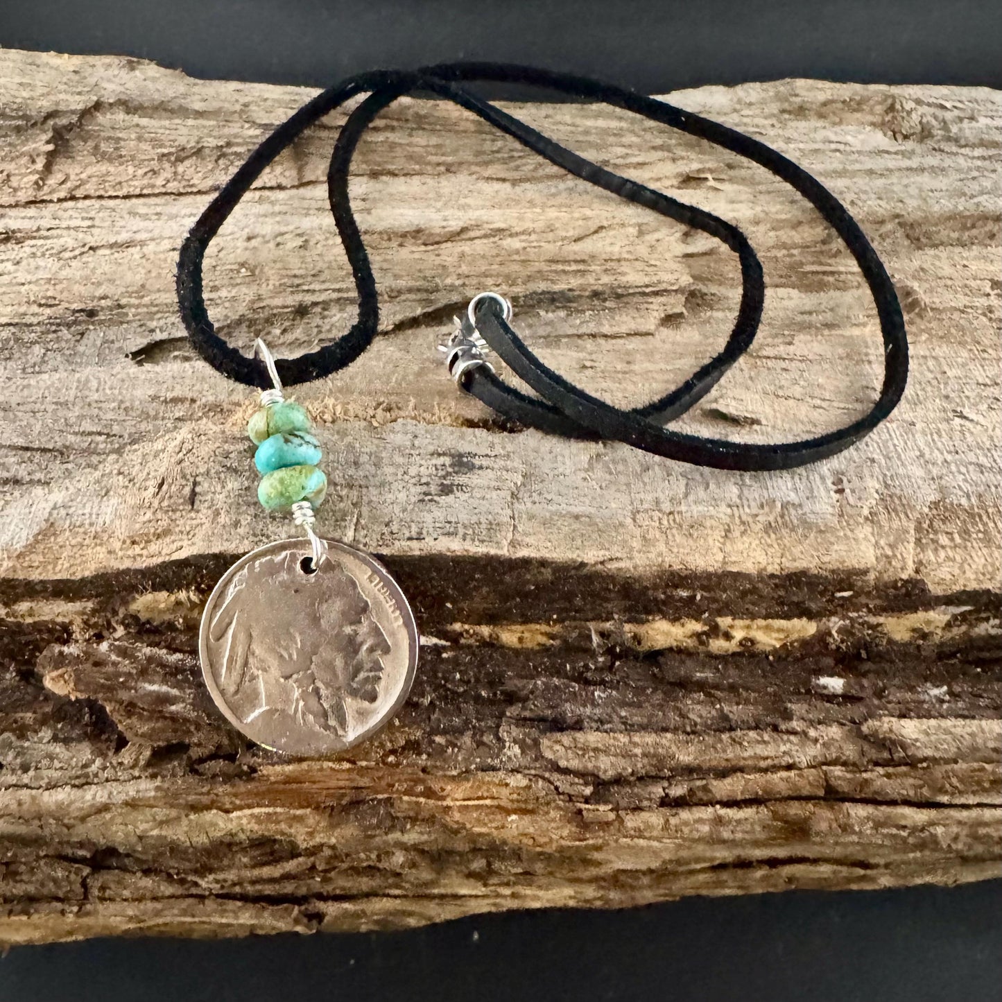 Indian Head Buffalo Nickel Necklace with Kingman Turquoise on Deerskin Lace
