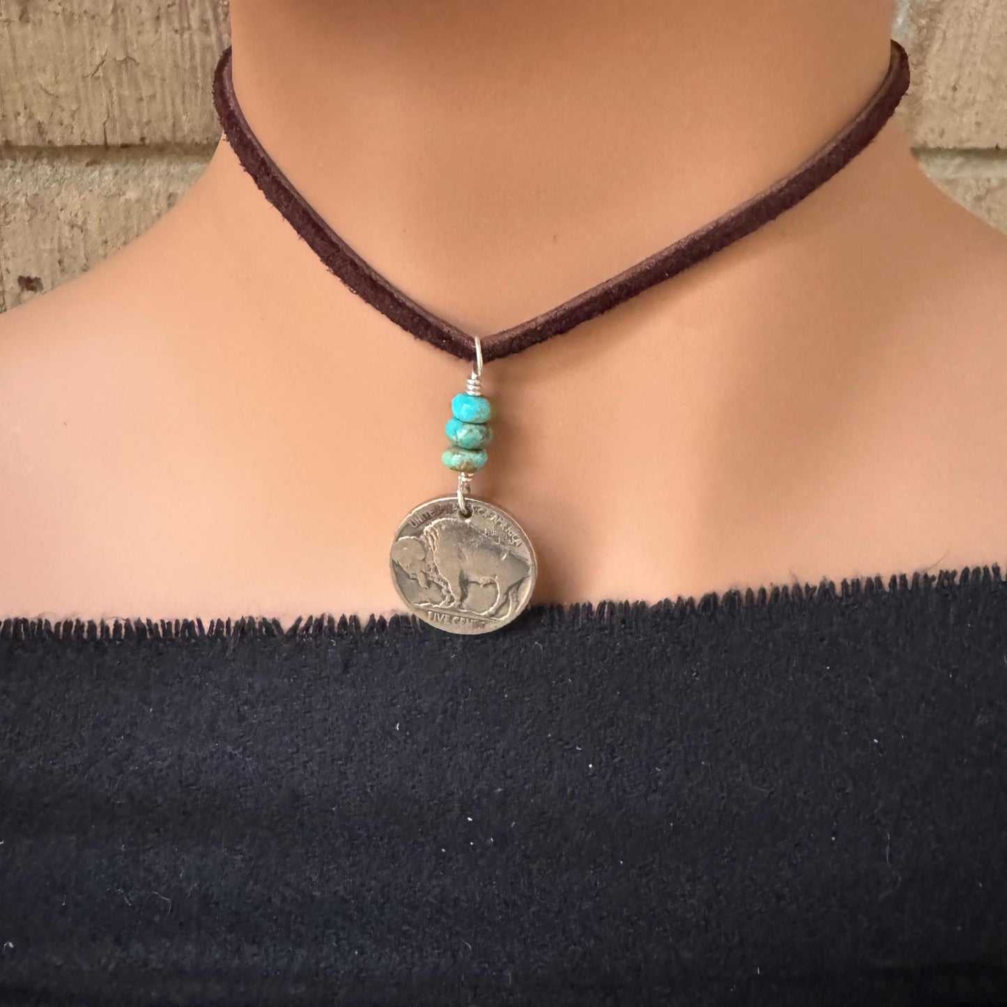 Indian Head Buffalo Nickel Necklace with Kingman Turquoise on Deerskin Lace