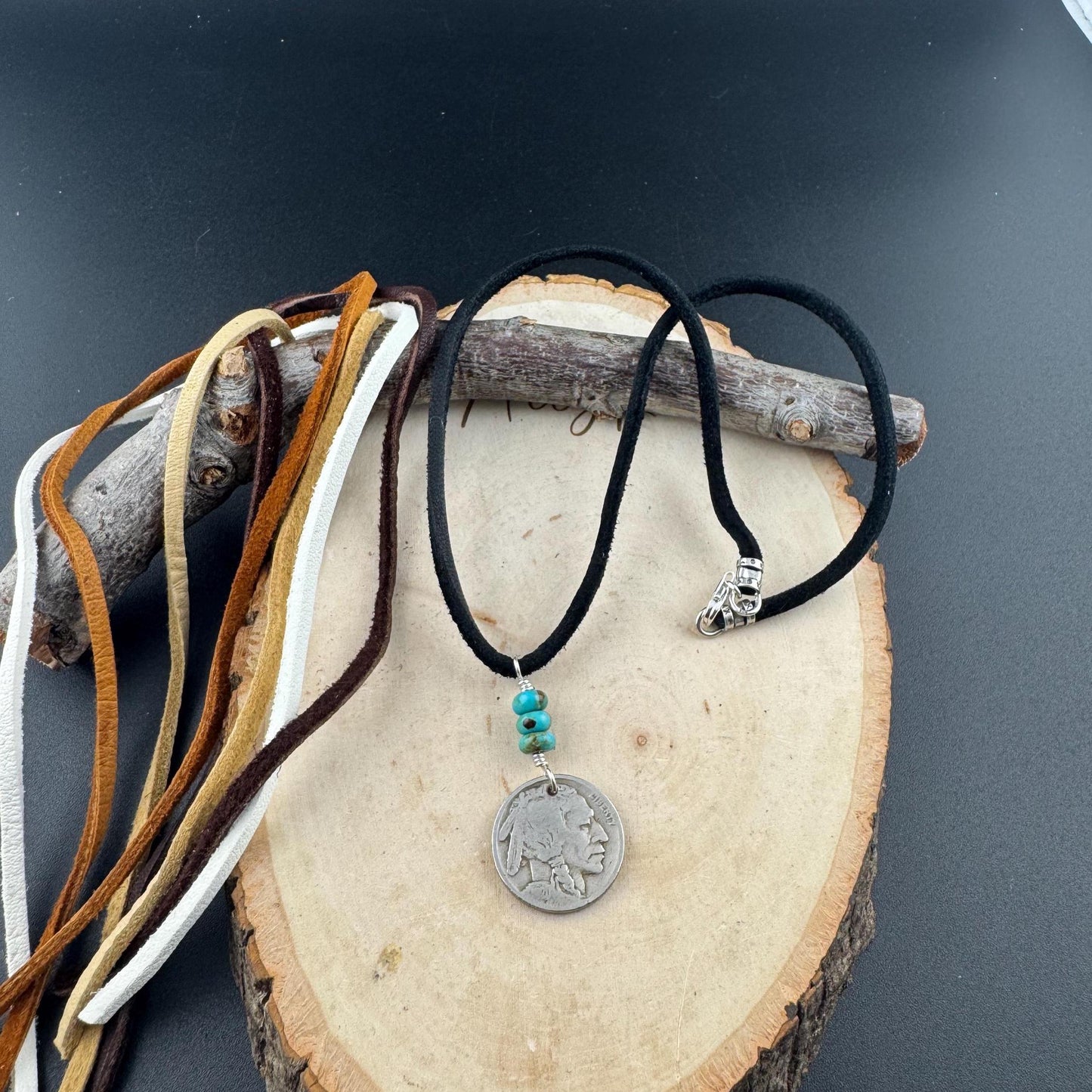 Indian Head Buffalo Nickel Necklace with Kingman Turquoise on Deerskin Lace