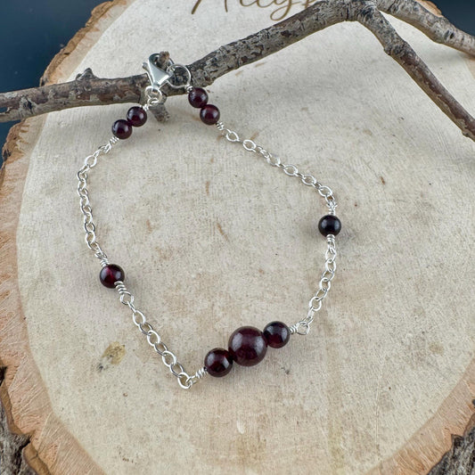 Garnet Gemstone Bracelet with Sterling Silver Cable Chain