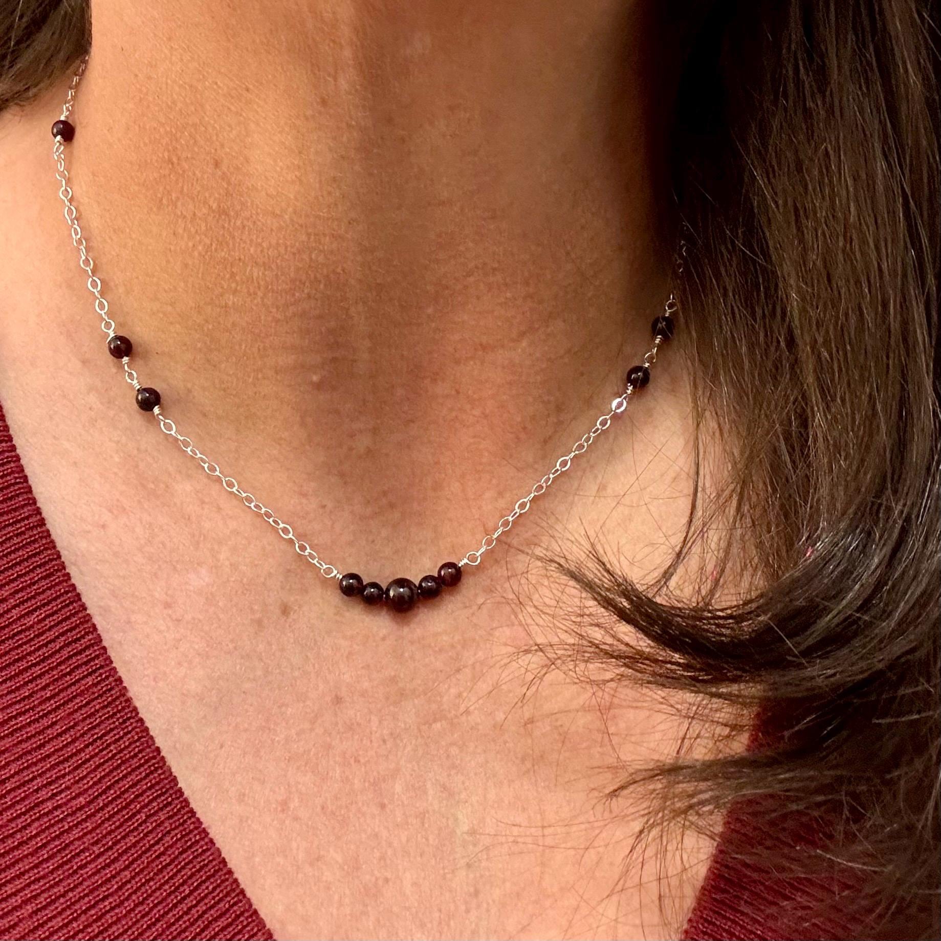 Sterling Silver Chain Garnet Spacer Necklace, Unique Gemstone Necklace