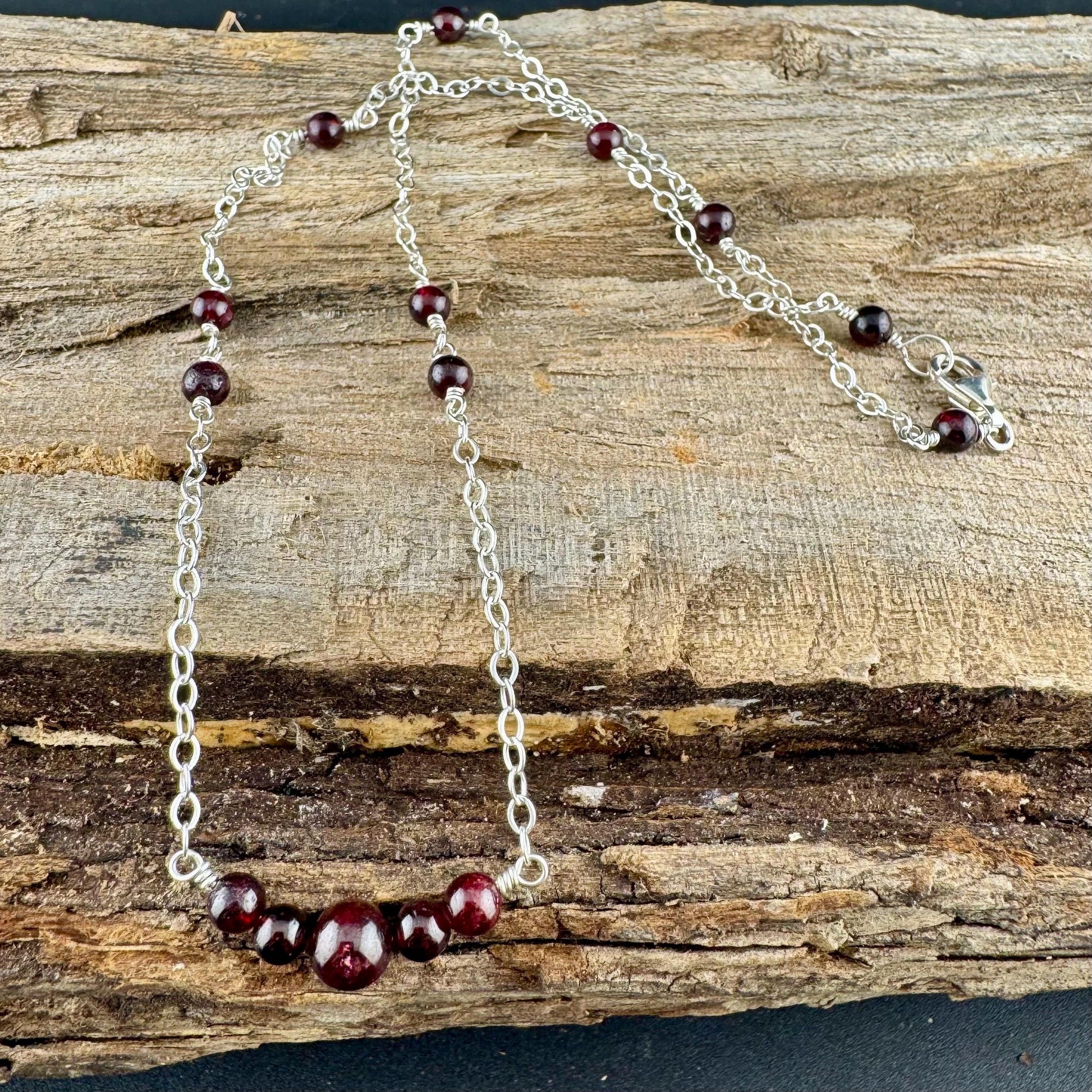 Sterling Silver Chain Garnet Spacer Necklace, Unique Gemstone Necklace