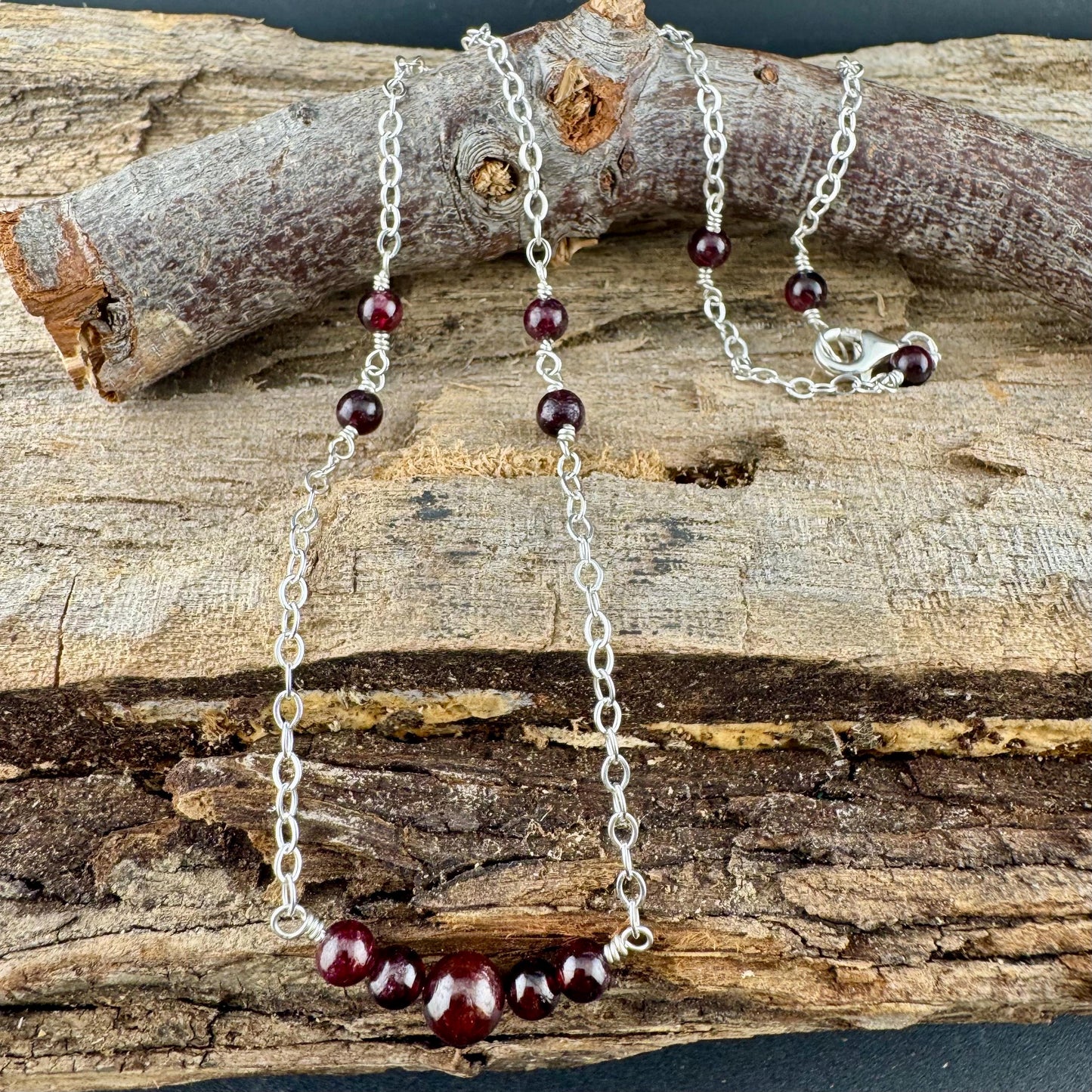 Sterling Silver Chain Garnet Spacer Necklace, Unique Gemstone Necklace