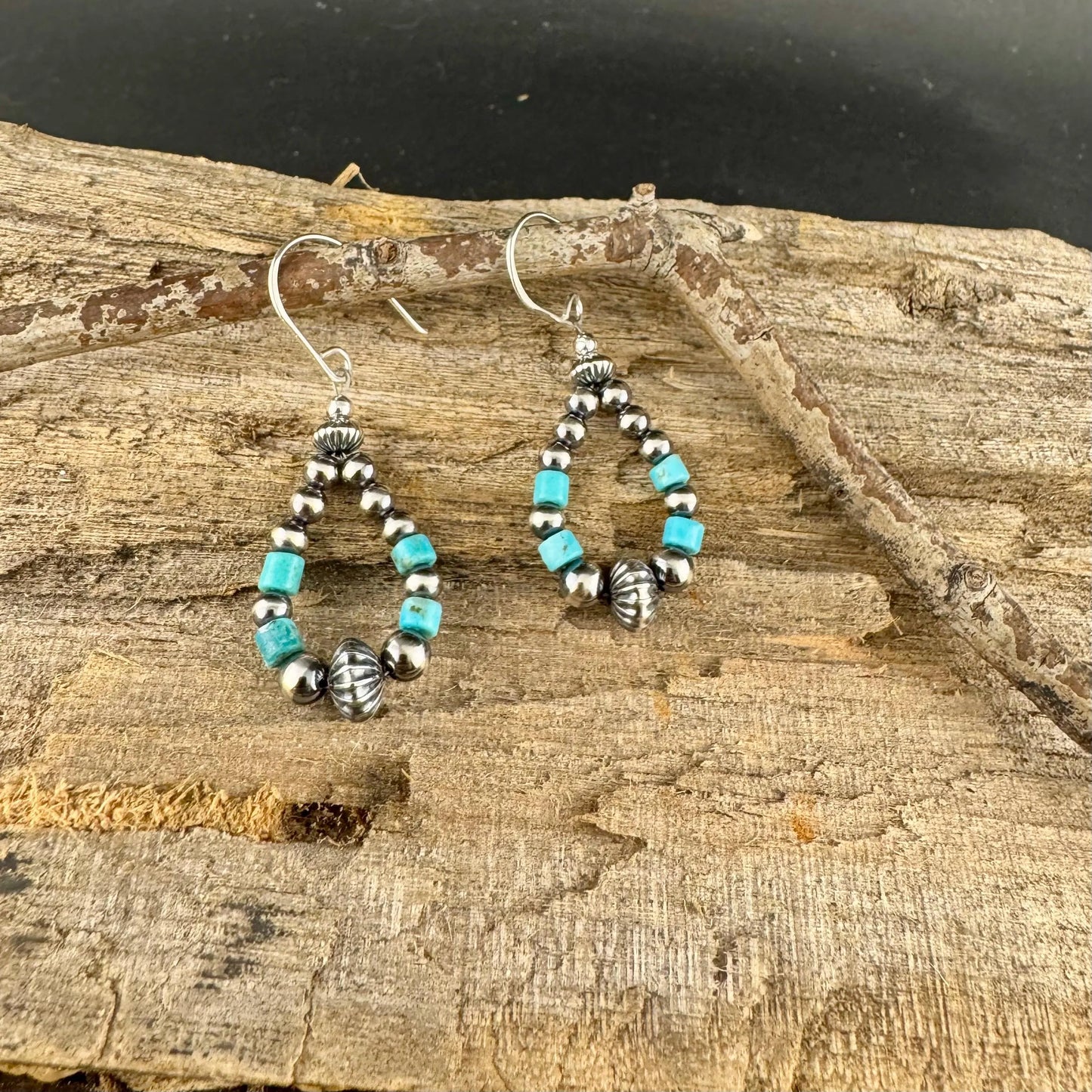 Southwest Style Navajo Pearl Turquoise Teardrop Earrings - Dainty Sterling Silver Dangle Hoops