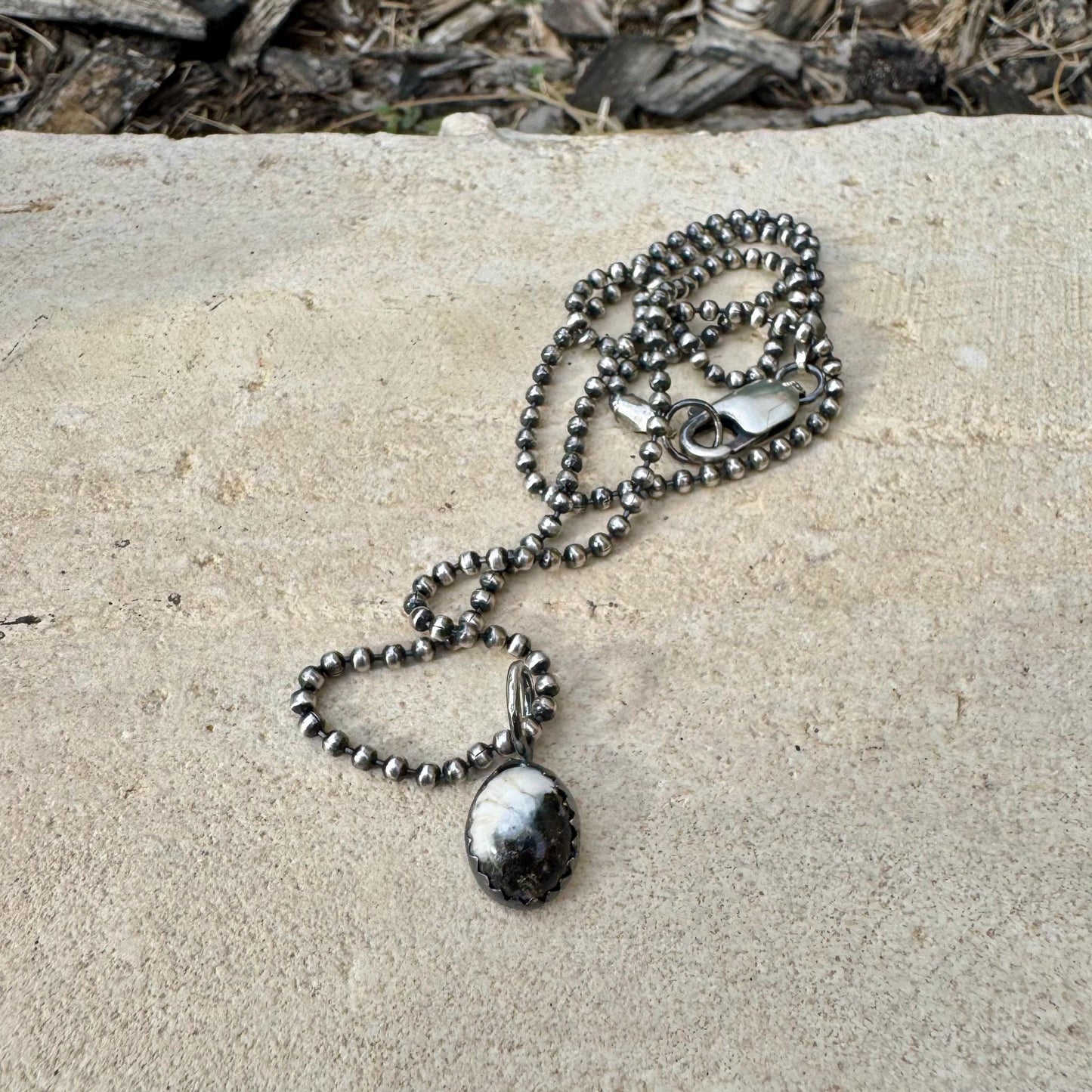 White Buffalo Bezel Pendant Necklace – Sterling Silver Boho Jewelry