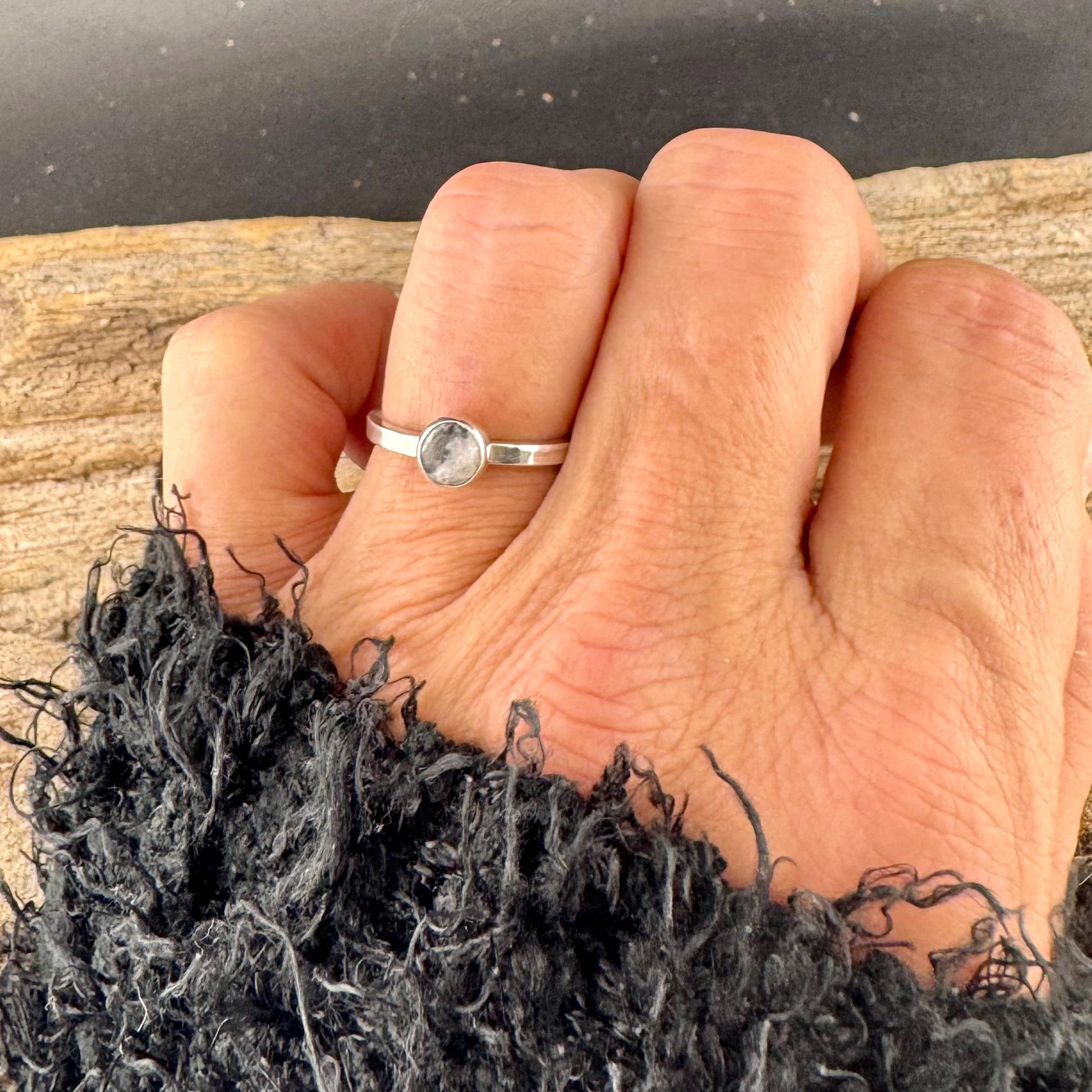 Sterling Silver White Buffalo Band Ring - Hammered or Smooth Finish
