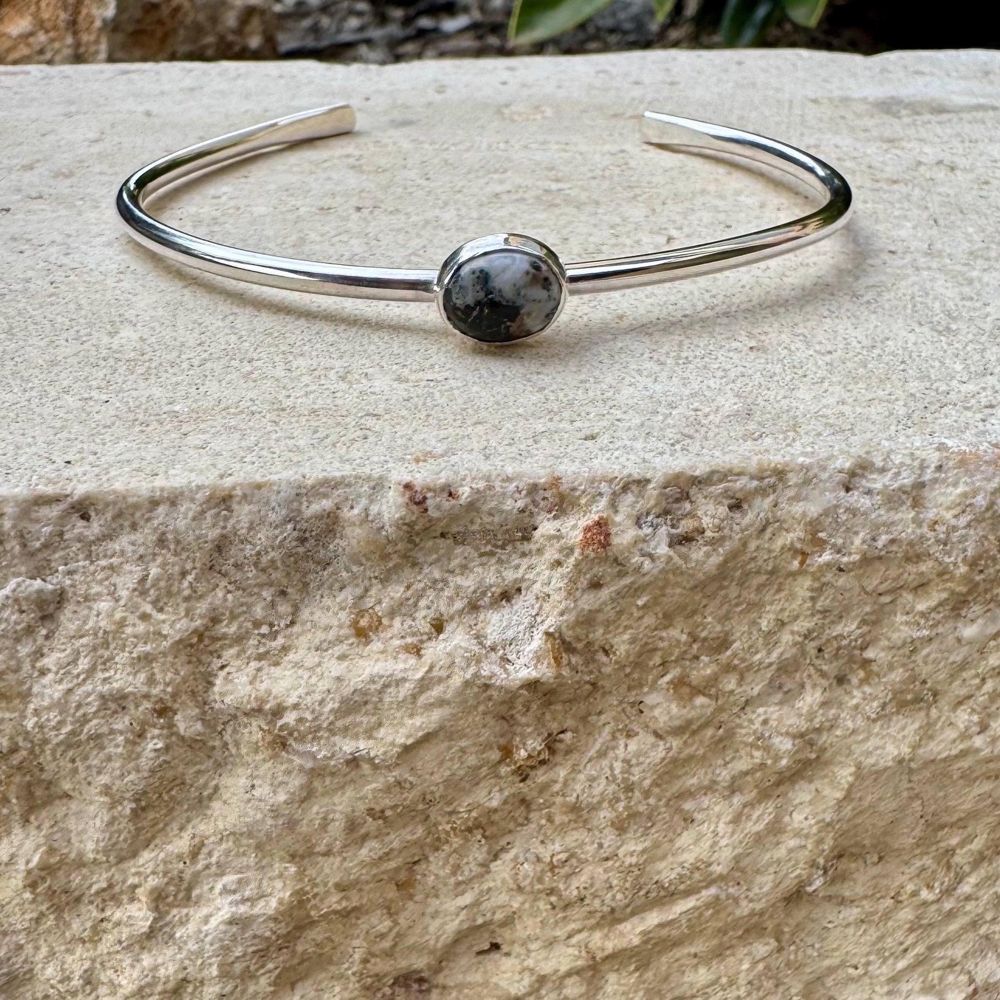 Sterling Silver White Buffalo Bezel Bracelet – Handmade Adjustable Cuff Jewelry