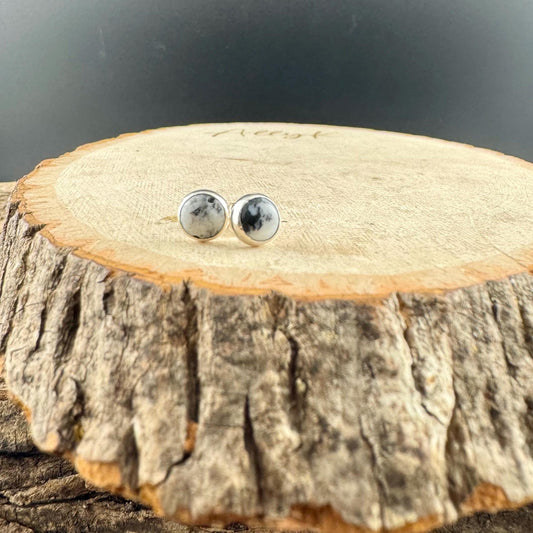 Sterling Silver White Buffalo Stud Earrings - 6mm Serrated or Smooth Bezel Post Design