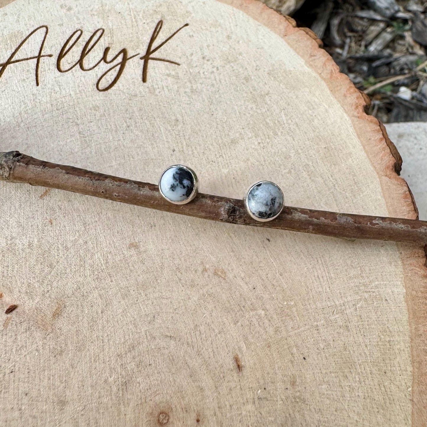 Sterling Silver White Buffalo Stud Earrings - 6mm Serrated or Smooth Bezel Post Design