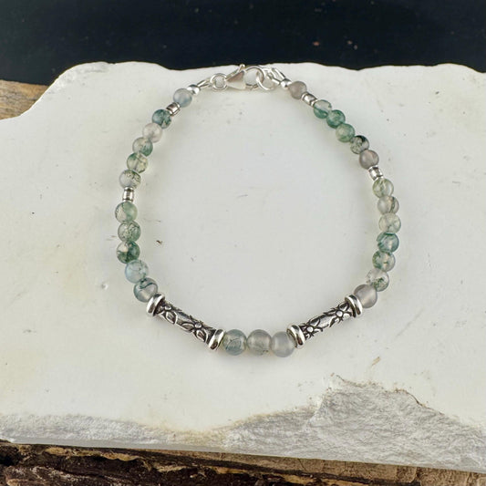 Sterling Silver Green Moss Agate Bracelet: Gemstone Beaded Bracelet