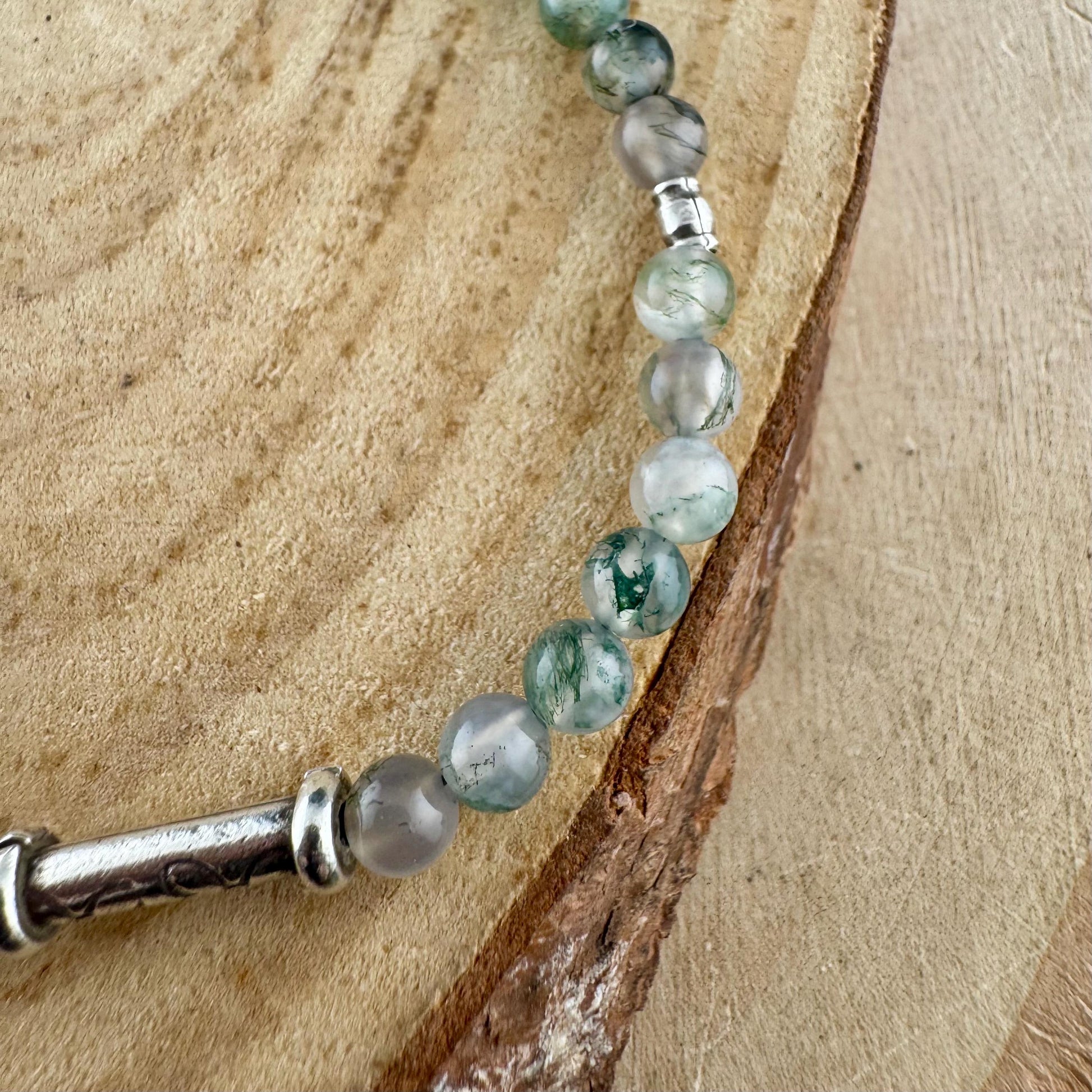 Sterling Silver Green Moss Agate Bracelet: Gemstone Beaded Bracelet