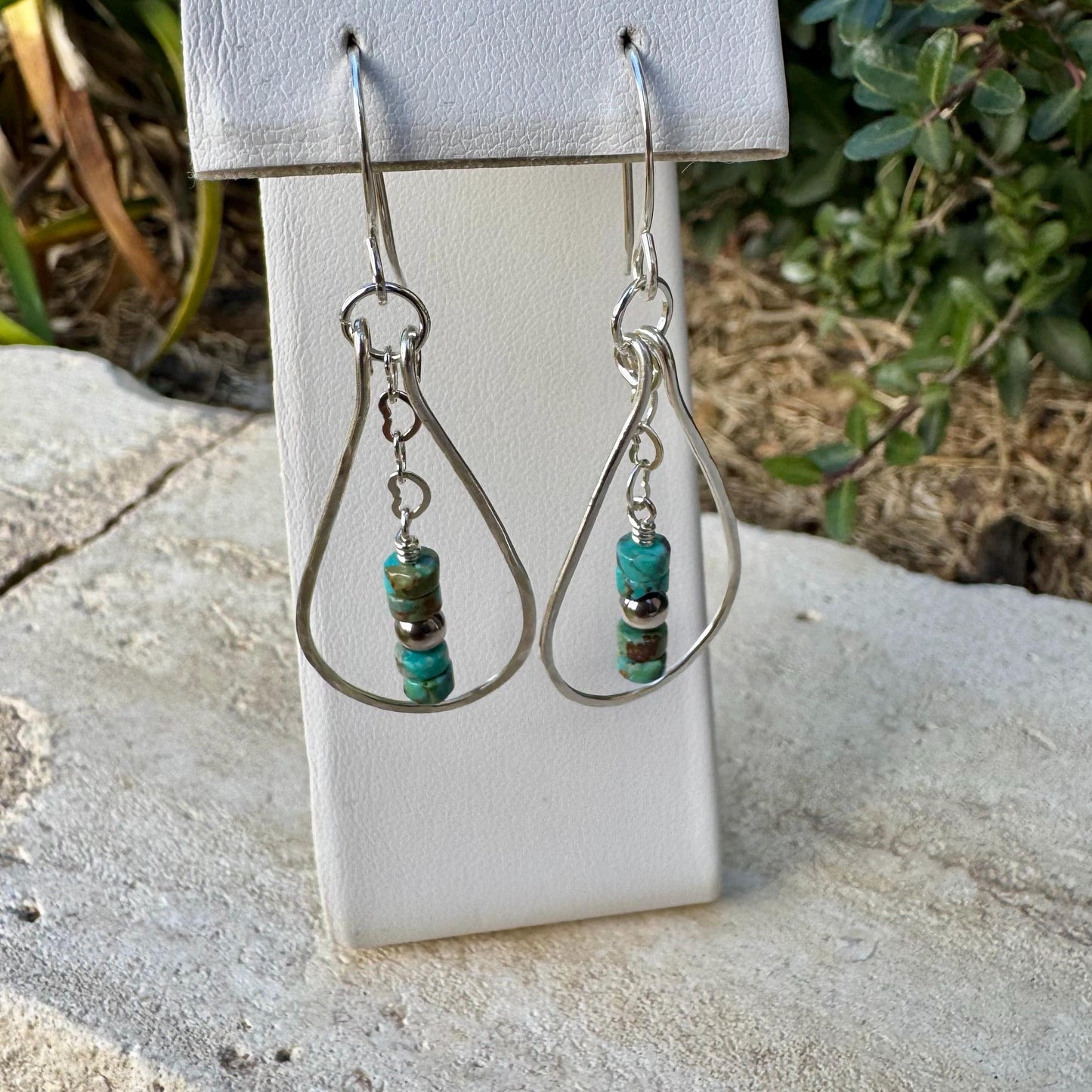 Teardrop Dangle Turquoise Navajo Pearl Earrings | Heart Chain Sterling Silver Jewelry