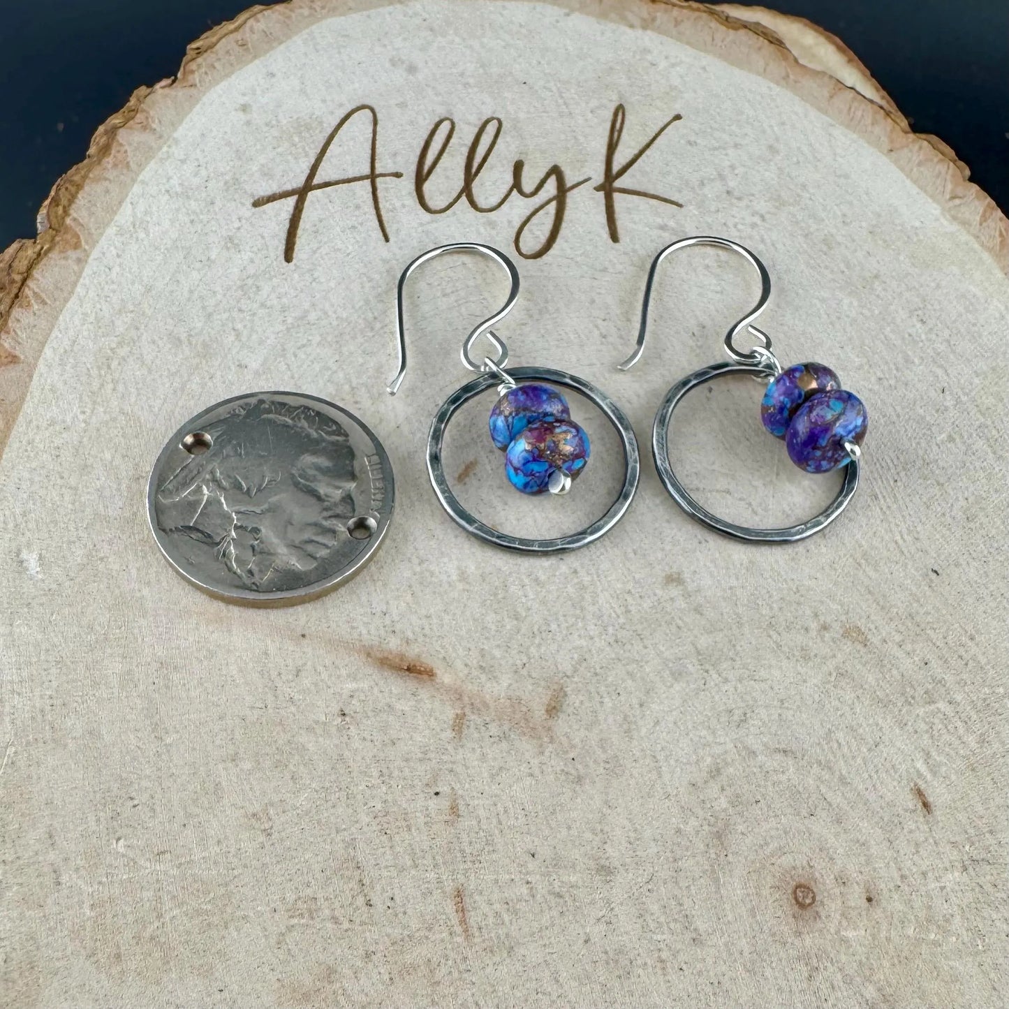 Purple Turquoise Dangle Earrings – Sterling Silver Circles with Spotted Mohave Gemstone