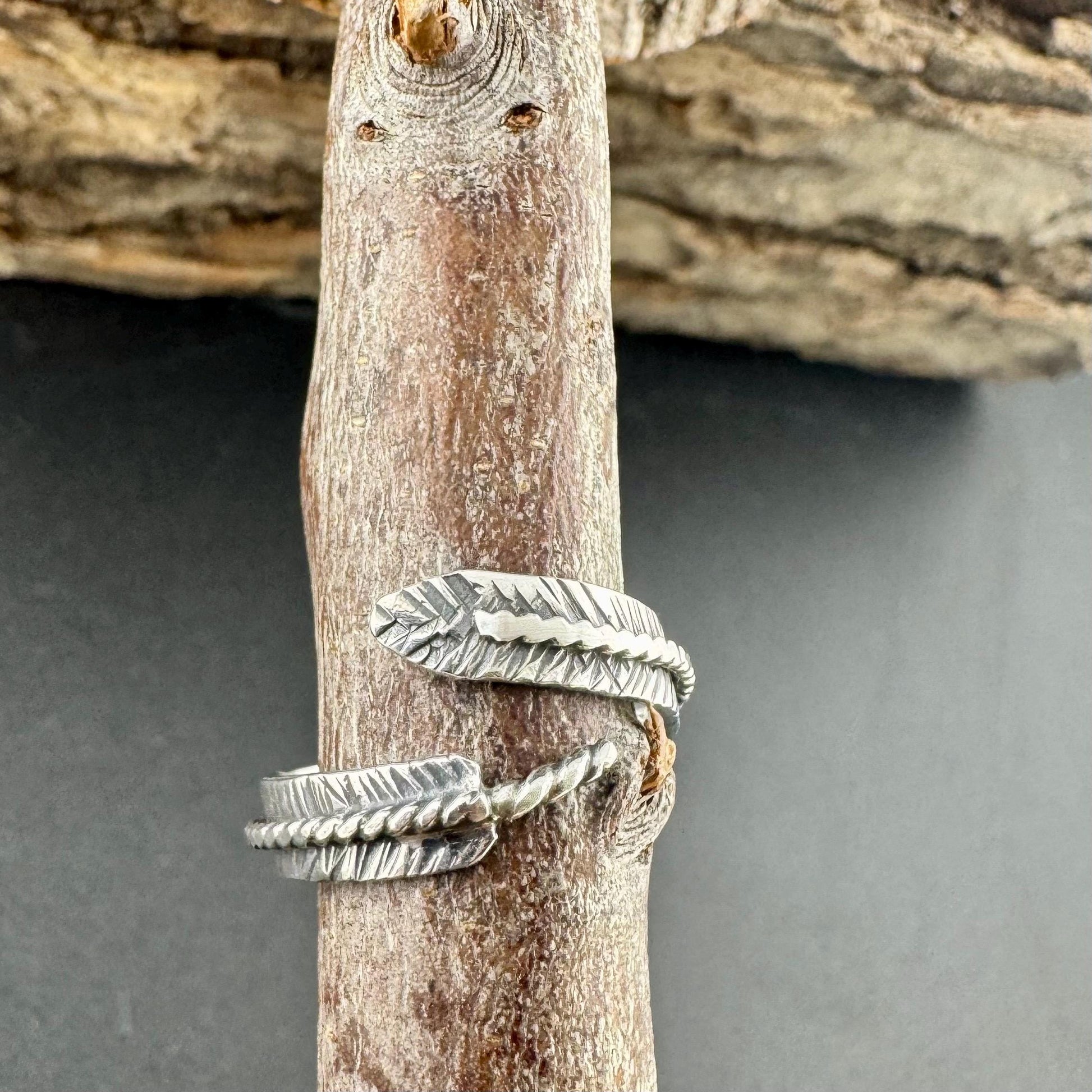 Sterling Silver Feather Wrap Ring - Hand Forged Adjustable Guardian Angel Jewelry