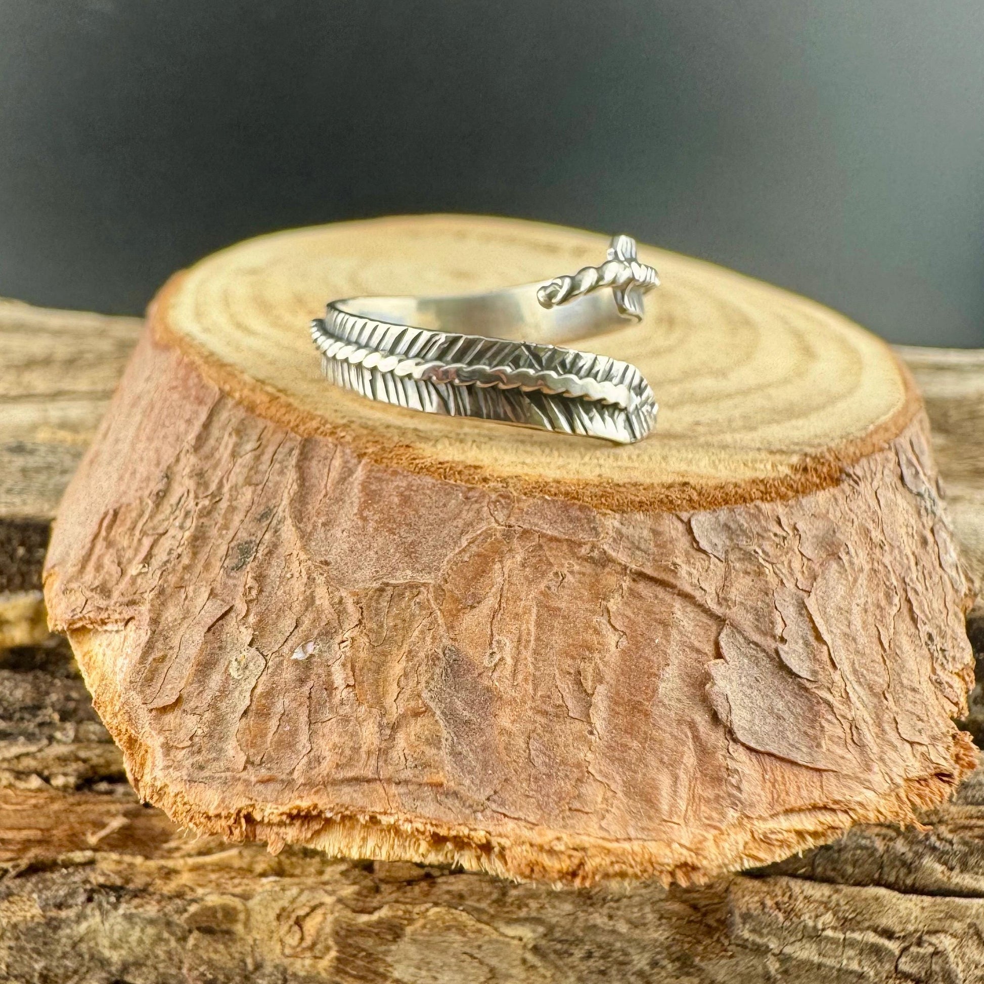 Sterling Silver Feather Wrap Ring - Hand Forged Adjustable Guardian Angel Jewelry
