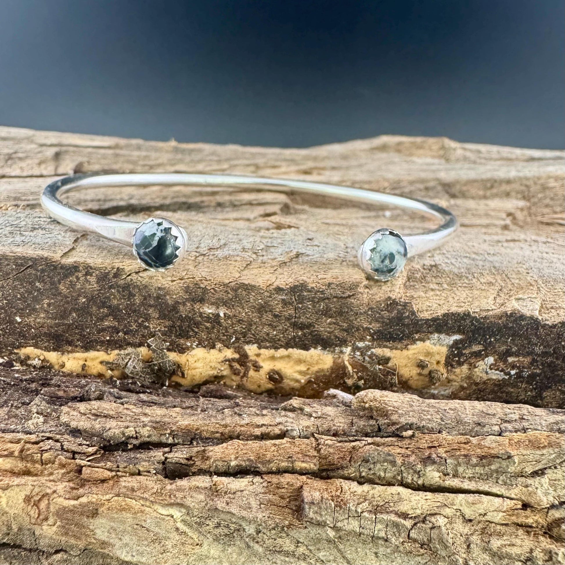 White Buffalo Sterling Silver Dainty Cuff Bracelet - 6mm Kingman Double Bezel Reverse Design