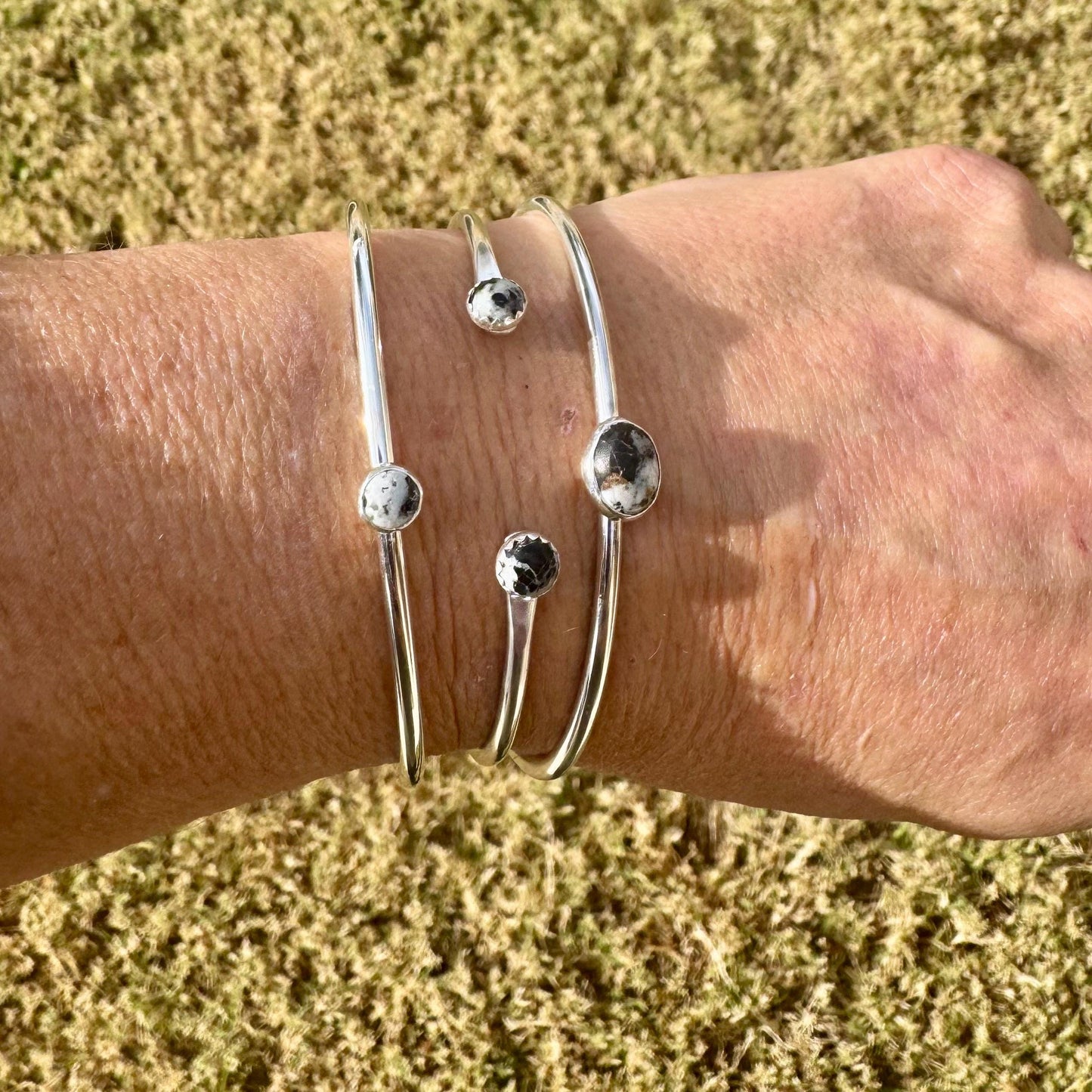 White Buffalo Sterling Silver Dainty Cuff Bracelet - 6mm Kingman Double Bezel Reverse Design