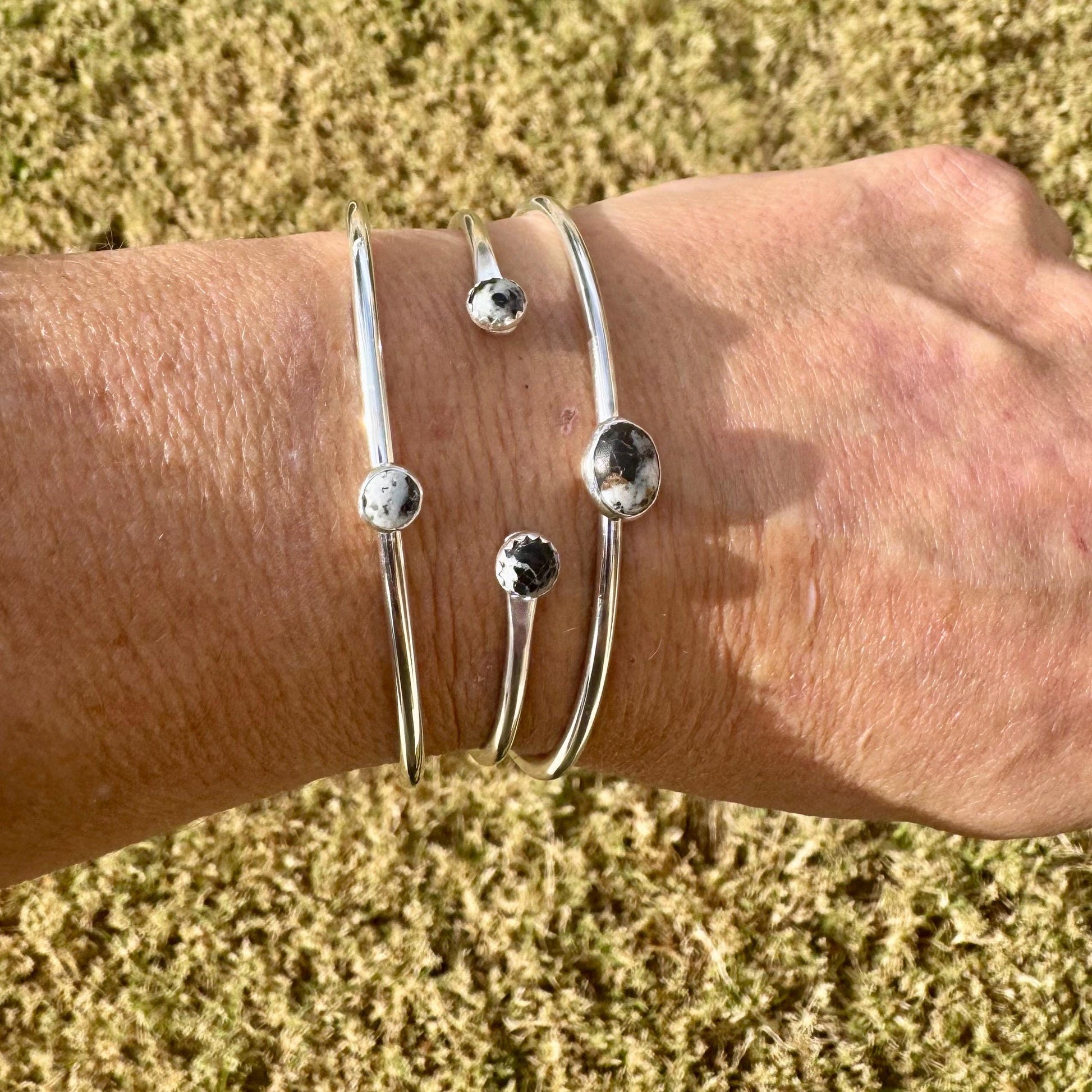 White Buffalo Sterling Silver Dainty Cuff Bracelet - 6mm Kingman Double Bezel Reverse Design