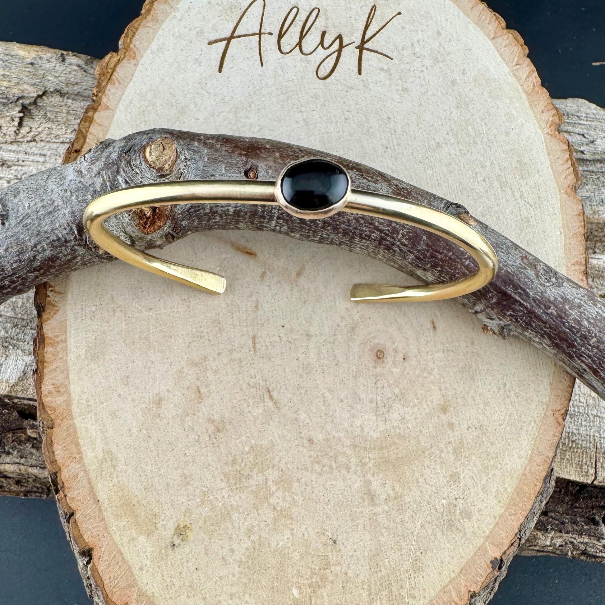 Brass & Onyx Bezel Cuff Bracelet – Adjustable Statement Piece