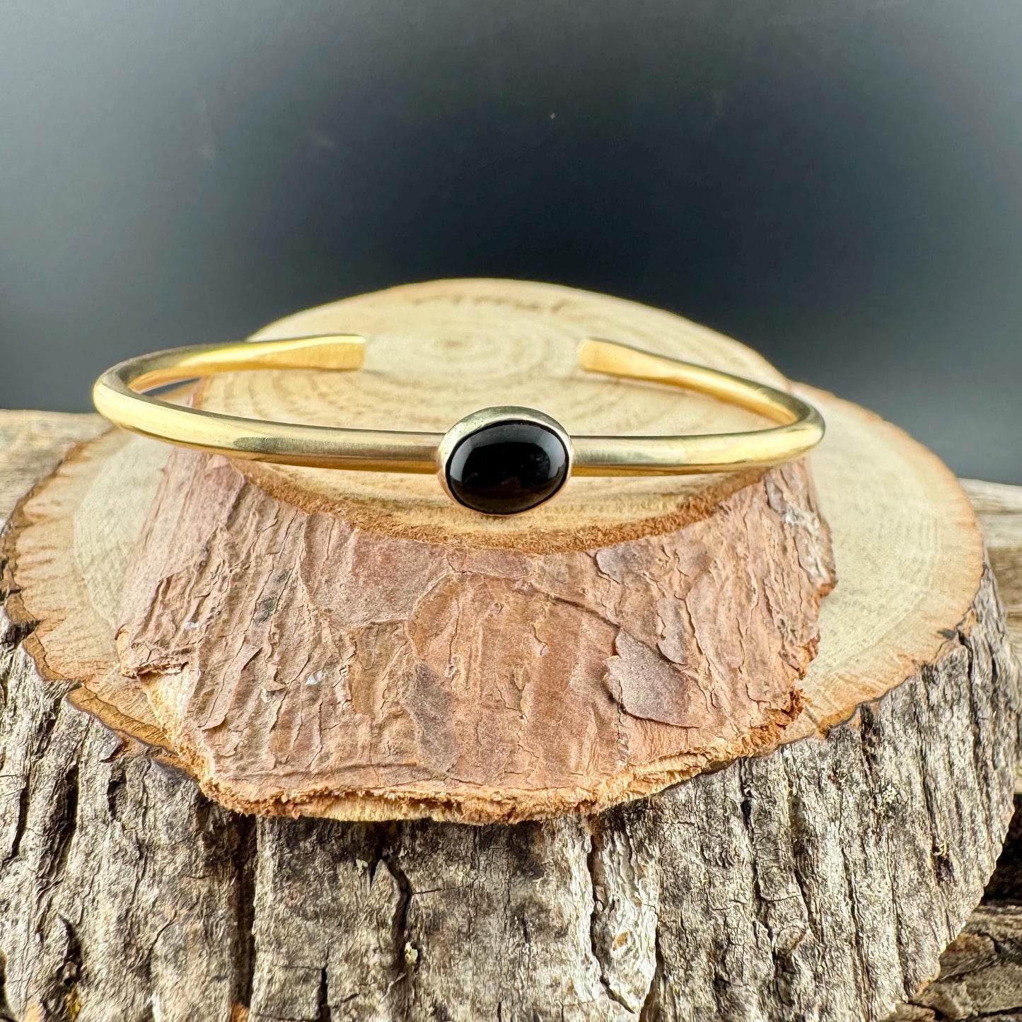 Brass & Onyx Bezel Cuff Bracelet – Adjustable Statement Piece