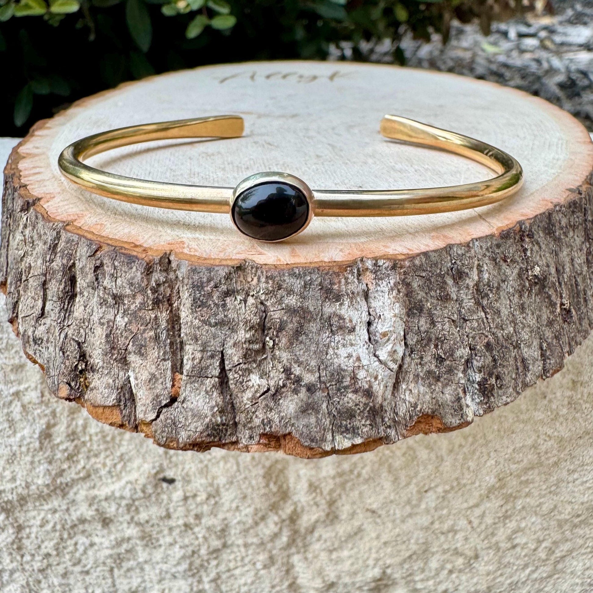Brass & Onyx Bezel Cuff Bracelet – Adjustable Statement Piece