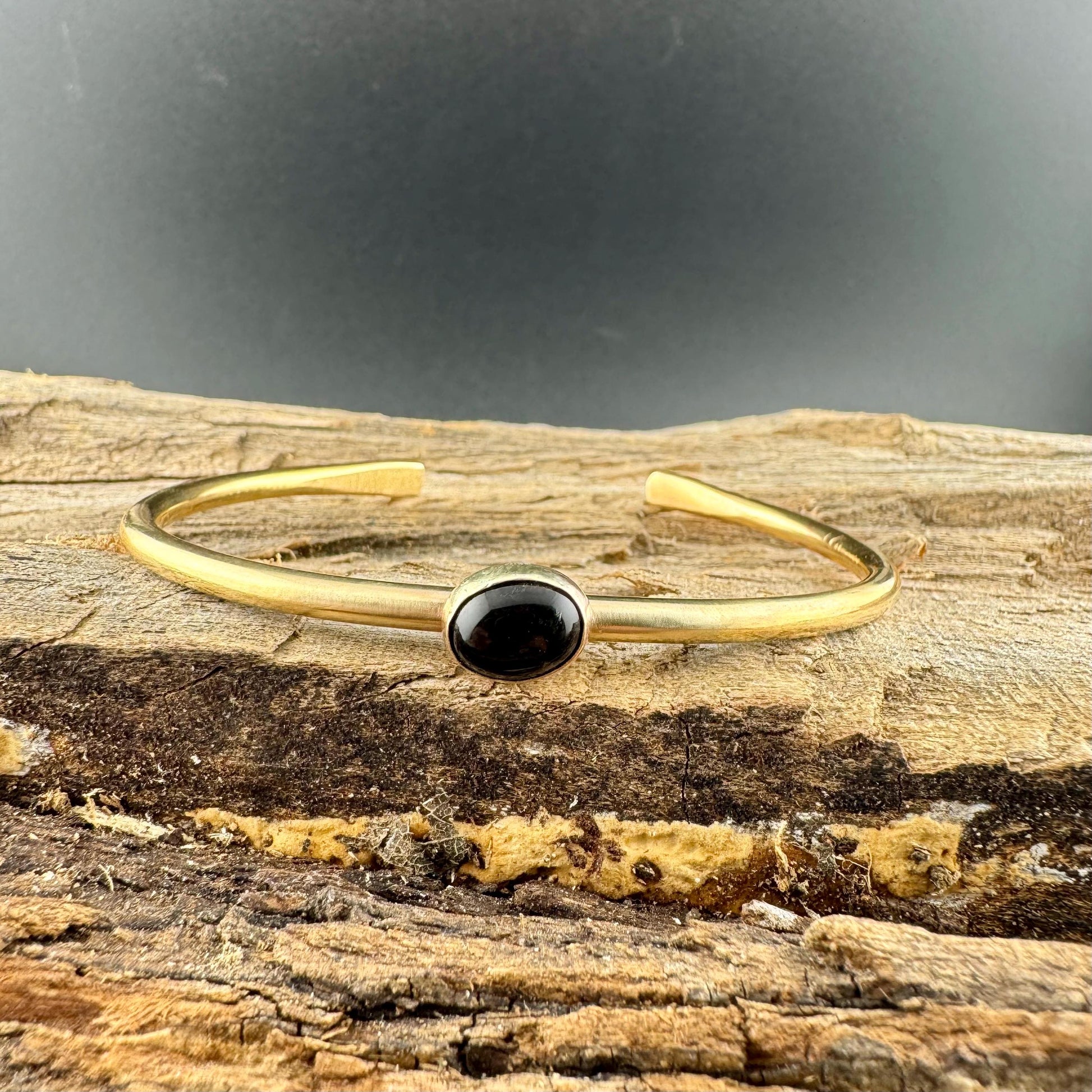 Brass & Onyx Bezel Cuff Bracelet – Adjustable Statement Piece