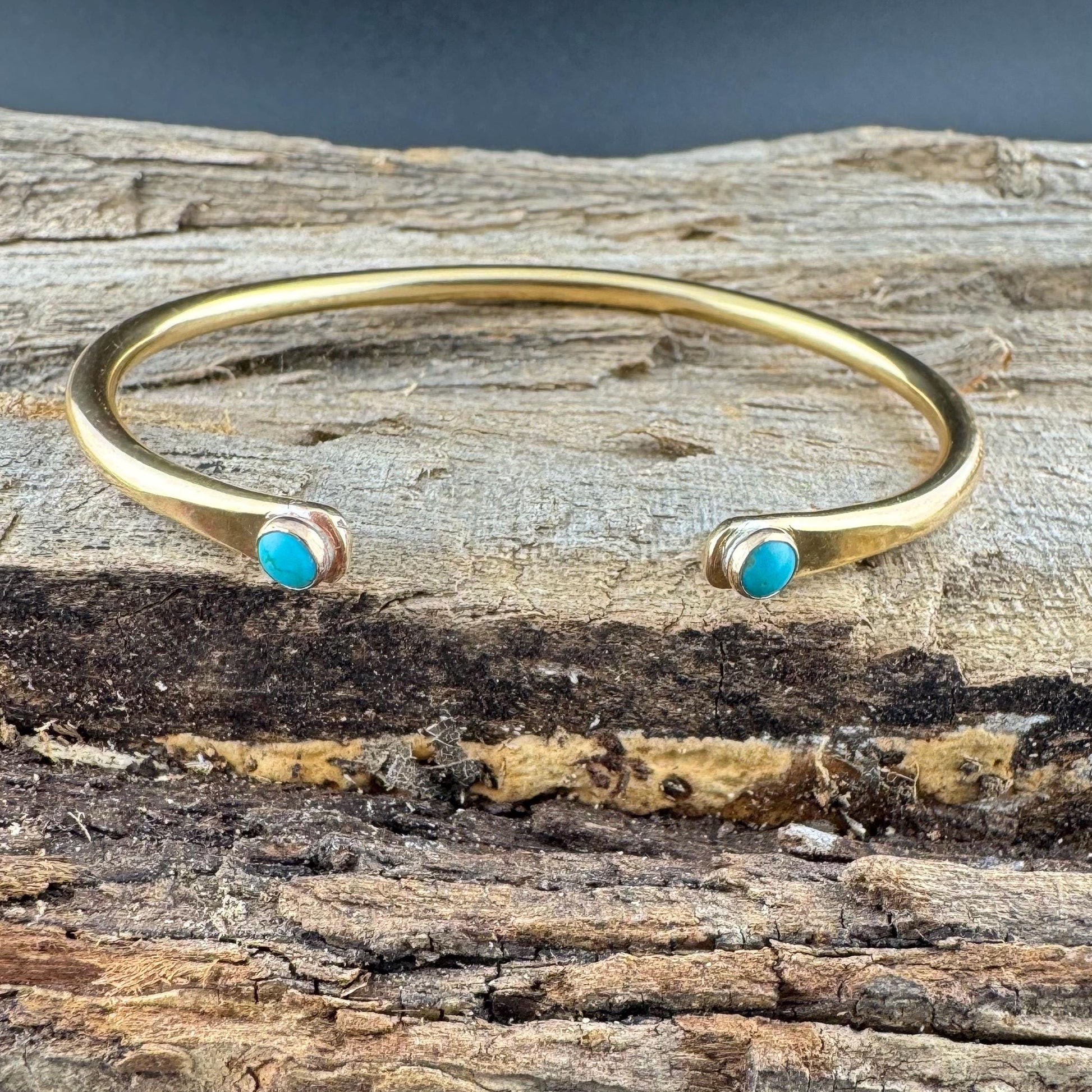 Dainty Brass Turquoise Cuff Bracelet - 4mm Kingman Double Bezel Reverse Design