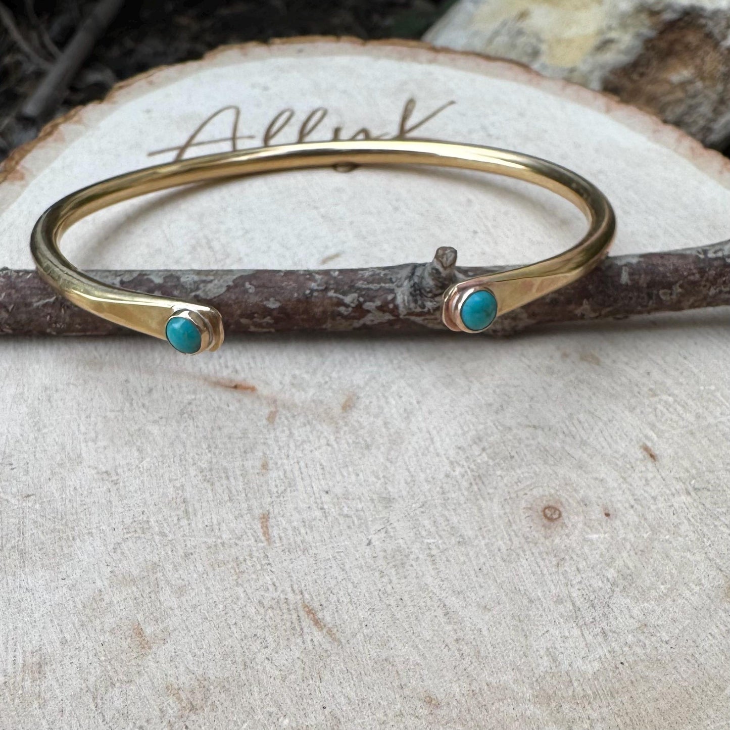 Dainty Brass Turquoise Cuff Bracelet - 4mm Kingman Double Bezel Reverse Design