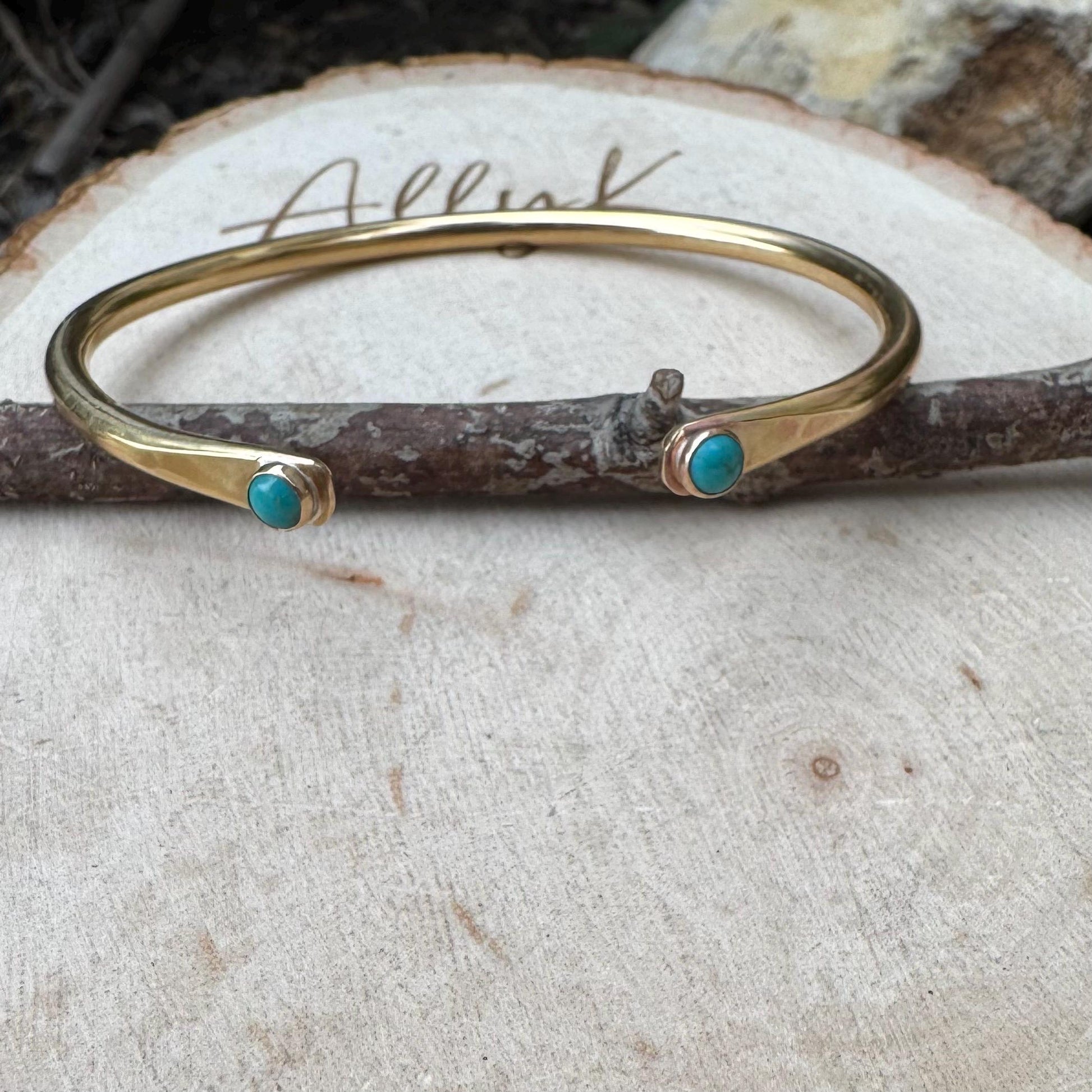 Dainty Brass Turquoise Cuff Bracelet - 4mm Kingman Double Bezel Reverse Design
