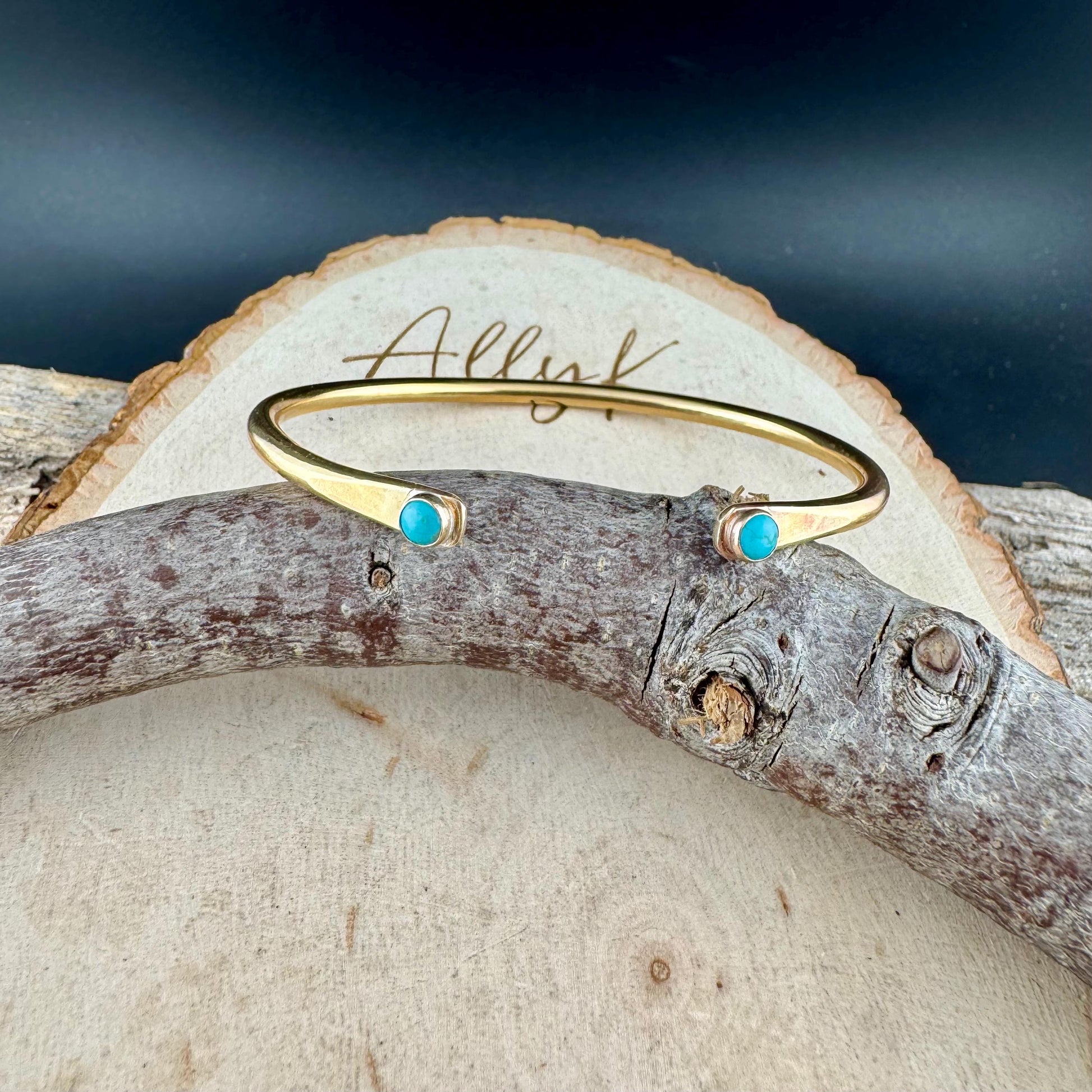 Dainty Brass Turquoise Cuff Bracelet - 4mm Kingman Double Bezel Reverse Design