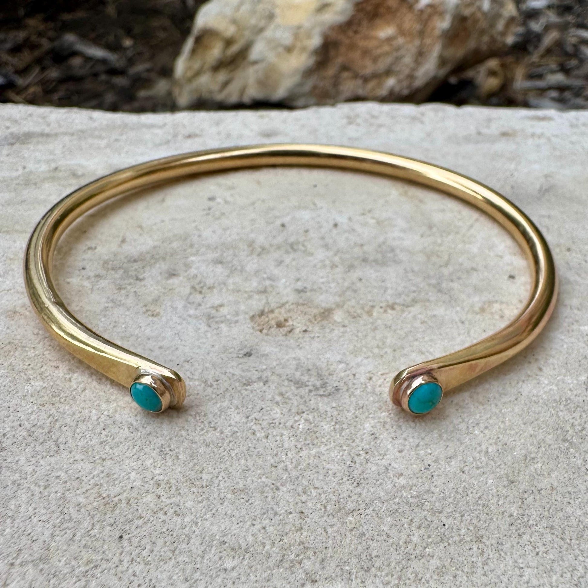 Dainty Brass Turquoise Cuff Bracelet - 4mm Kingman Double Bezel Reverse Design