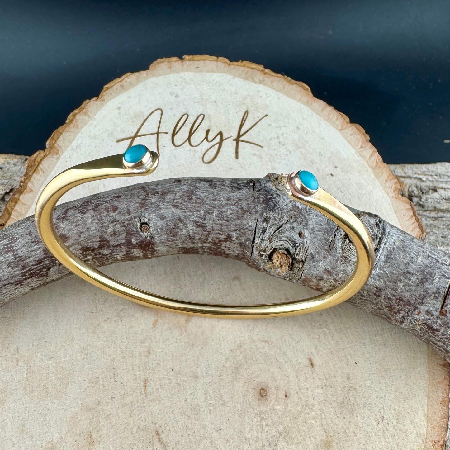 Dainty Brass Turquoise Cuff Bracelet - 4mm Kingman Double Bezel Reverse Design