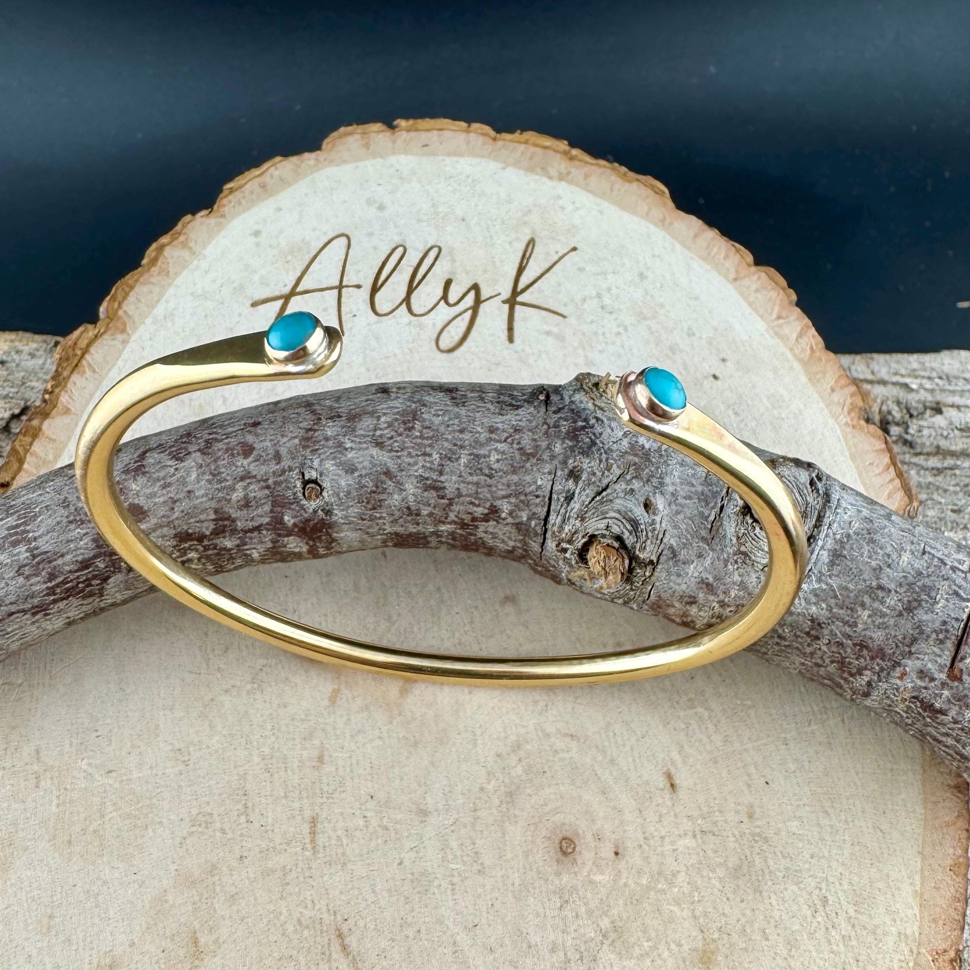 Dainty Brass Turquoise Cuff Bracelet - 4mm Kingman Double Bezel Reverse Design