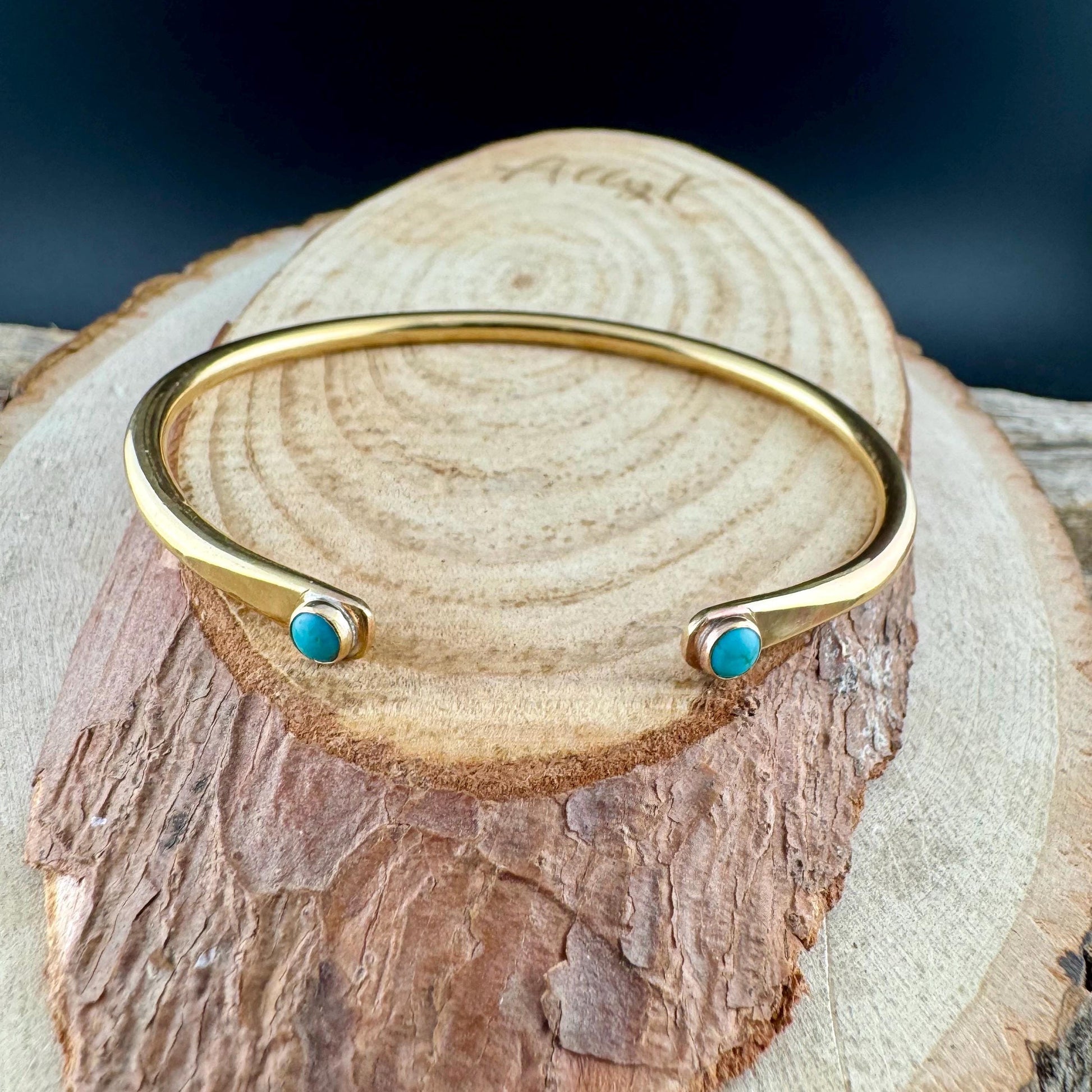 Dainty Brass Turquoise Cuff Bracelet - 4mm Kingman Double Bezel Reverse Design