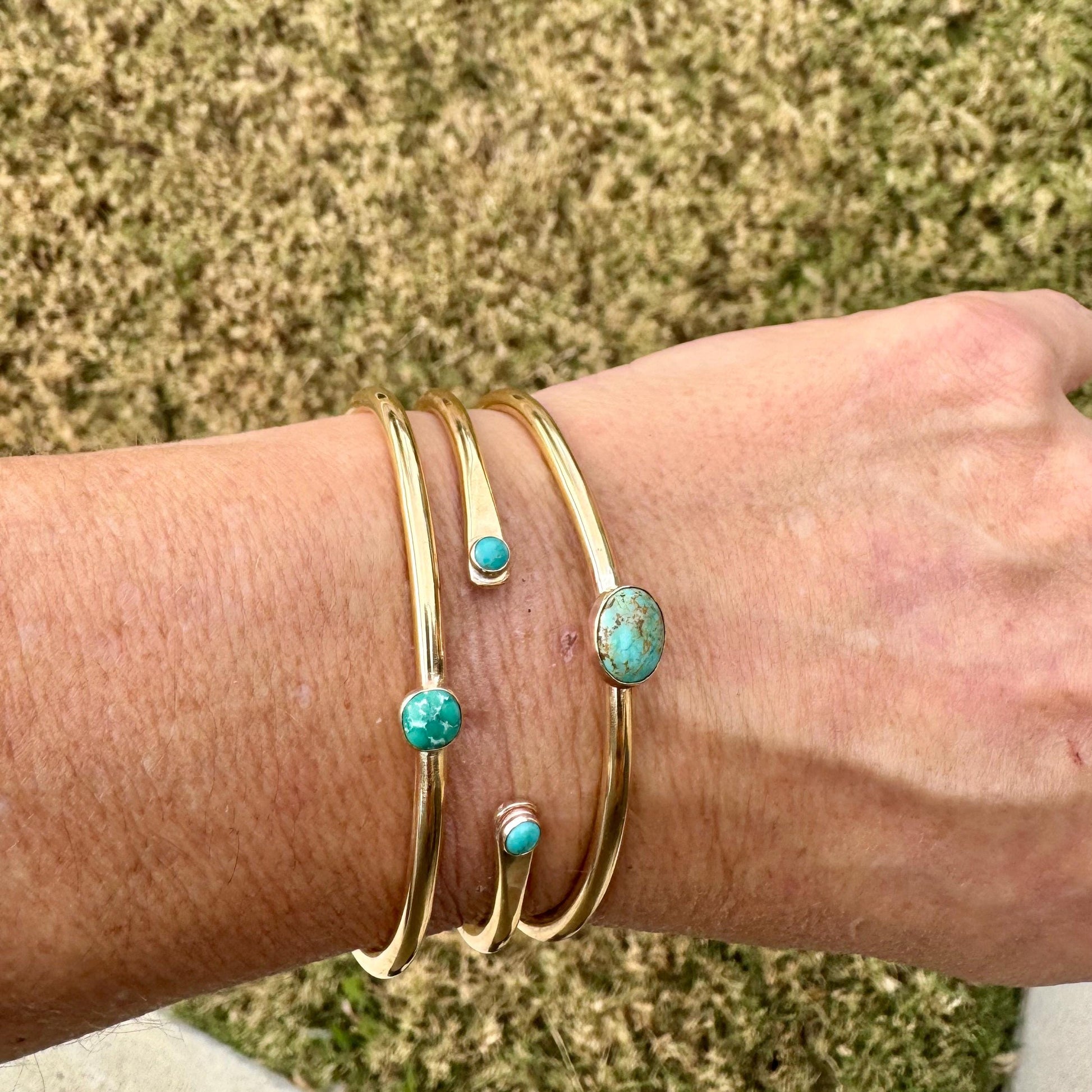 Rustic Brass Cuff Set with Kingman Turquoise • Handcrafted 3-Piece Bracelet Collection
