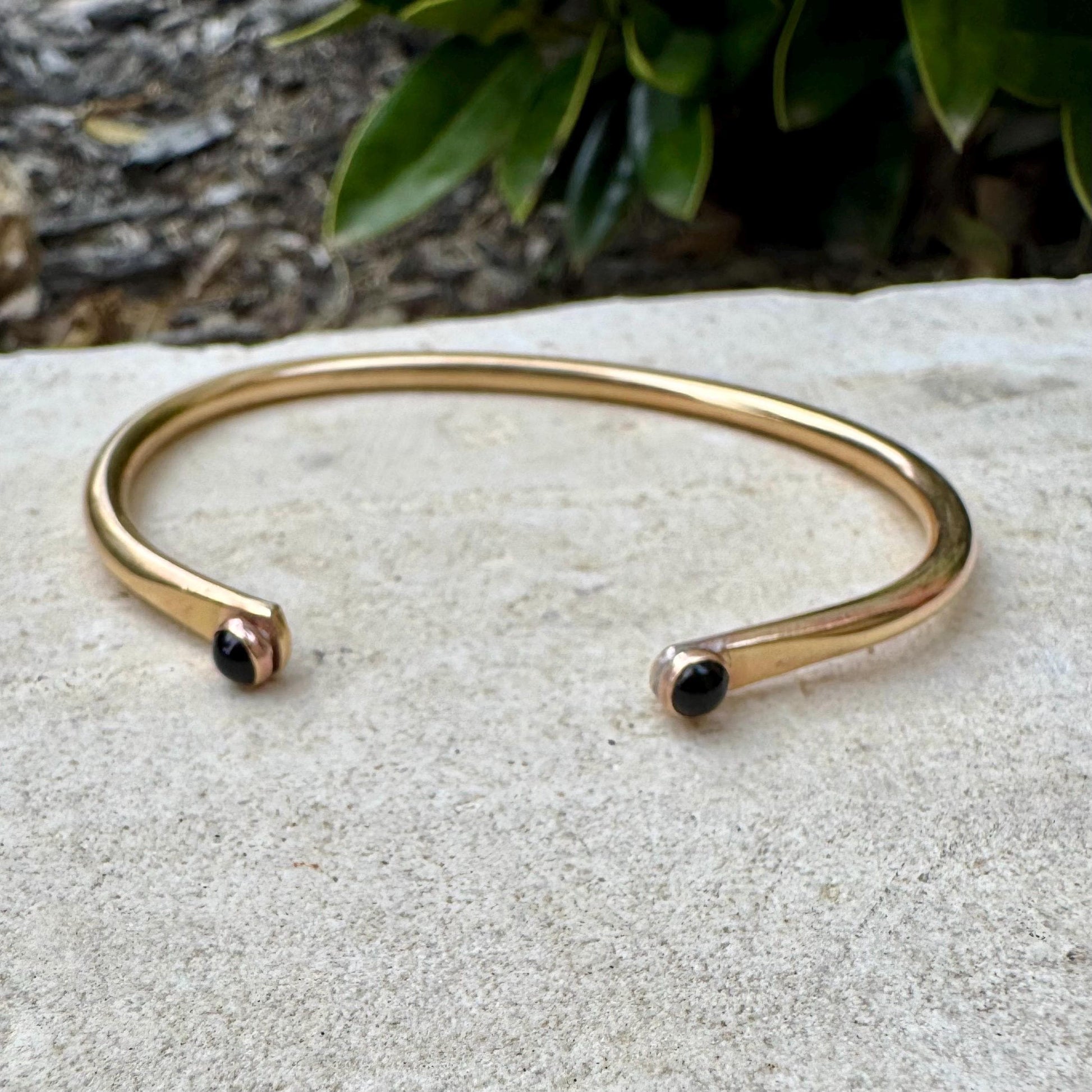 Onyx Brass Dainty Cuff Bracelet - 4mm Black Onyx Double Bezel Reverse Design