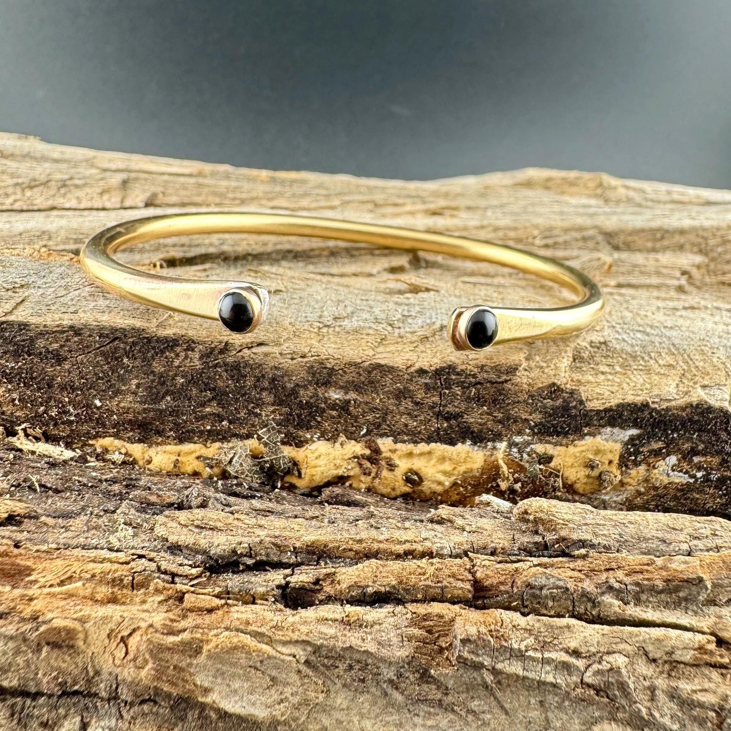 Onyx Brass Dainty Cuff Bracelet - 4mm Black Onyx Double Bezel Reverse Design