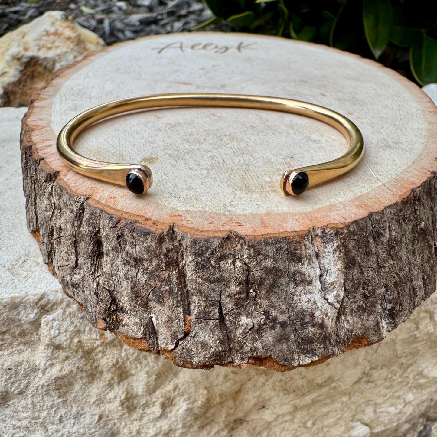 Onyx Brass Dainty Cuff Bracelet - 4mm Black Onyx Double Bezel Reverse Design