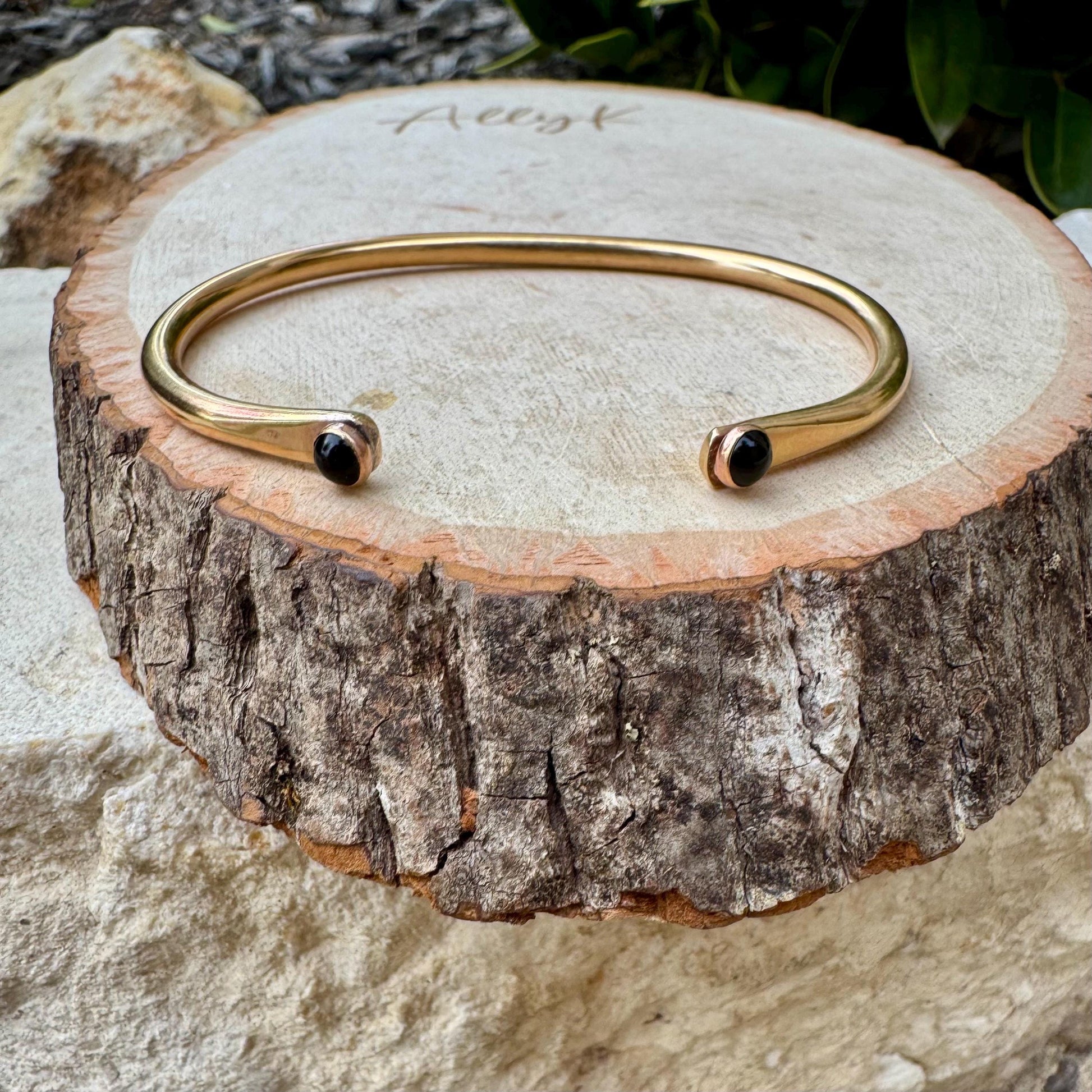 Onyx Brass Dainty Cuff Bracelet - 4mm Black Onyx Double Bezel Reverse Design