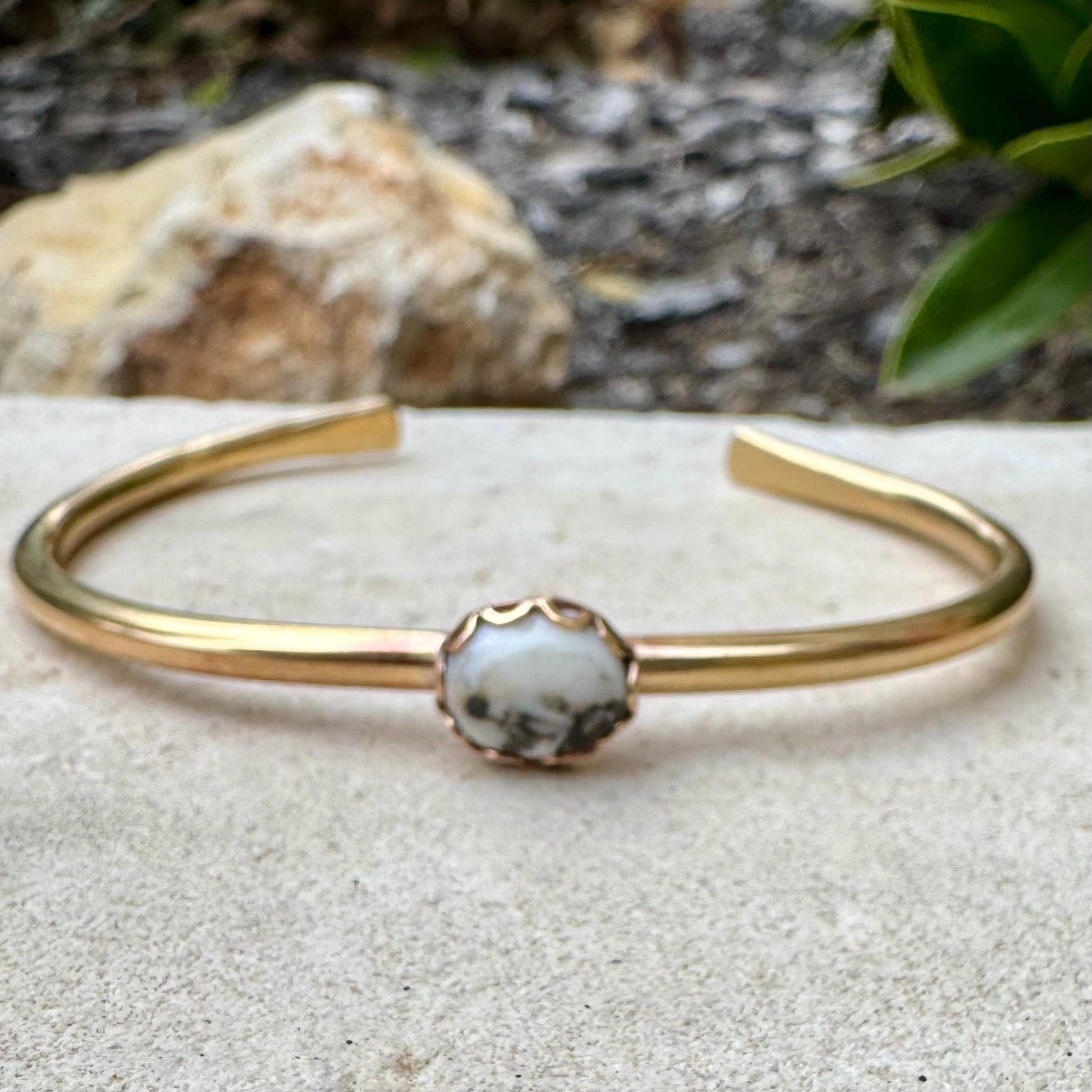 White Buffalo Turquoise Bezel Brass Bracelet – Handmade Adjustable Cuff Jewelry