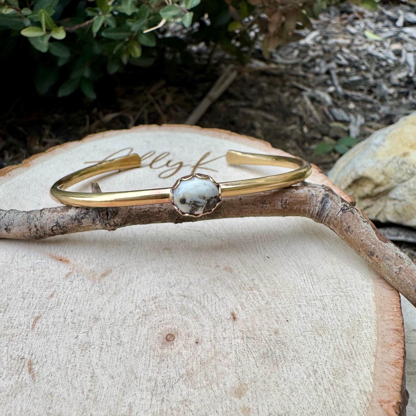 White Buffalo Turquoise Bezel Brass Bracelet – Handmade Adjustable Cuff Jewelry
