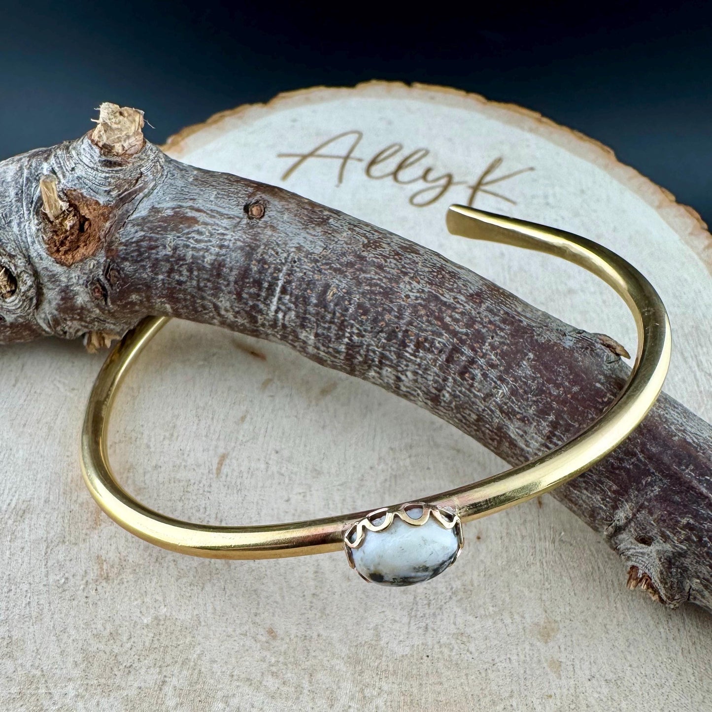 White Buffalo Turquoise Bezel Brass Bracelet – Handmade Adjustable Cuff Jewelry