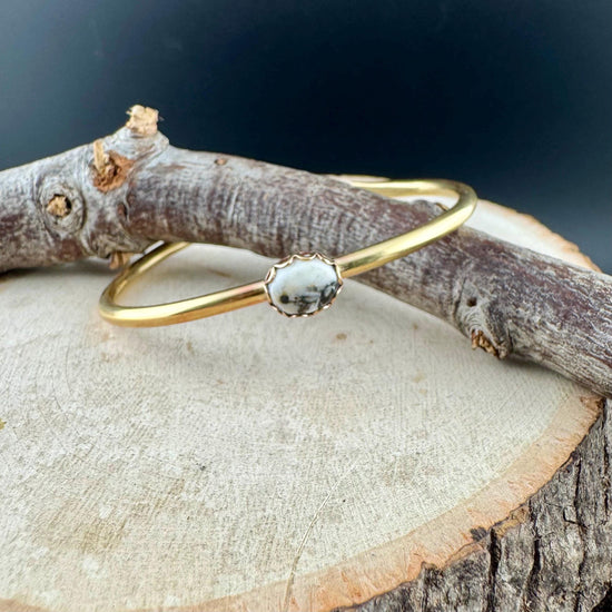 White Buffalo Turquoise Bezel Brass Bracelet – Handmade Adjustable Cuff Jewelry